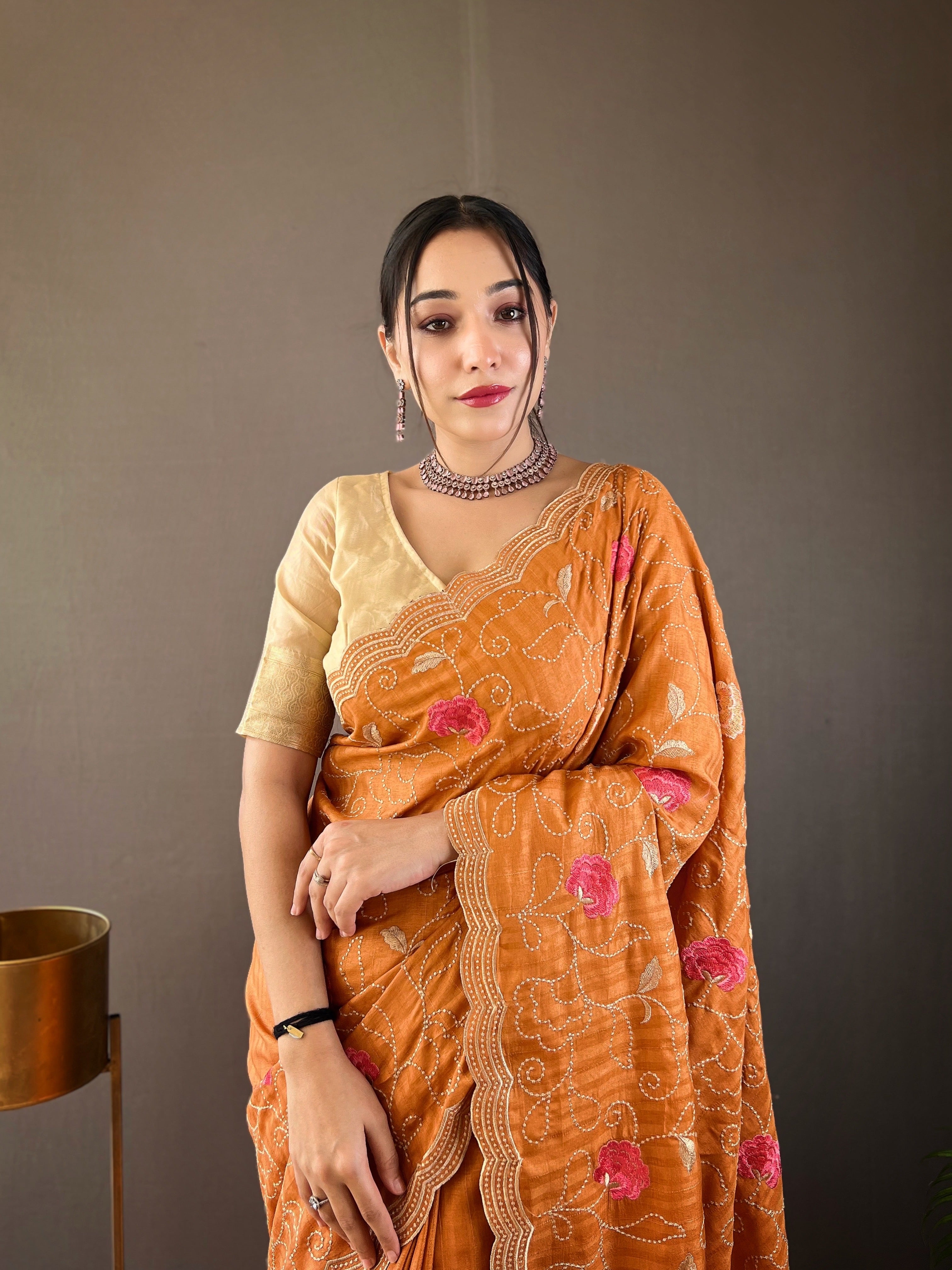 Peach Floral Design Embroidered Work Tussar Silk Saree