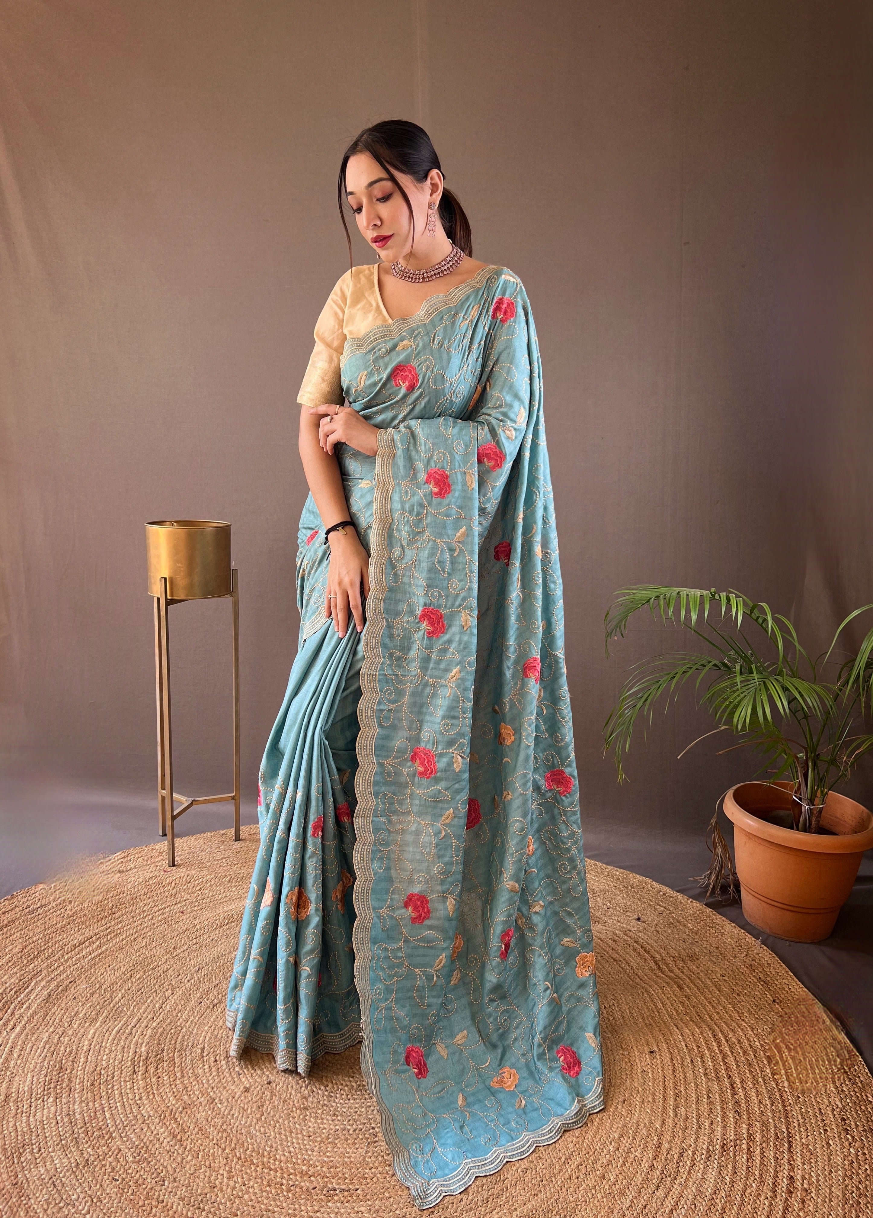 Sky Blue Floral Design Embroidered Work Tussar Silk Saree
