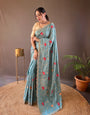 Sky Blue Floral Design Embroidered Work Tussar Silk Saree