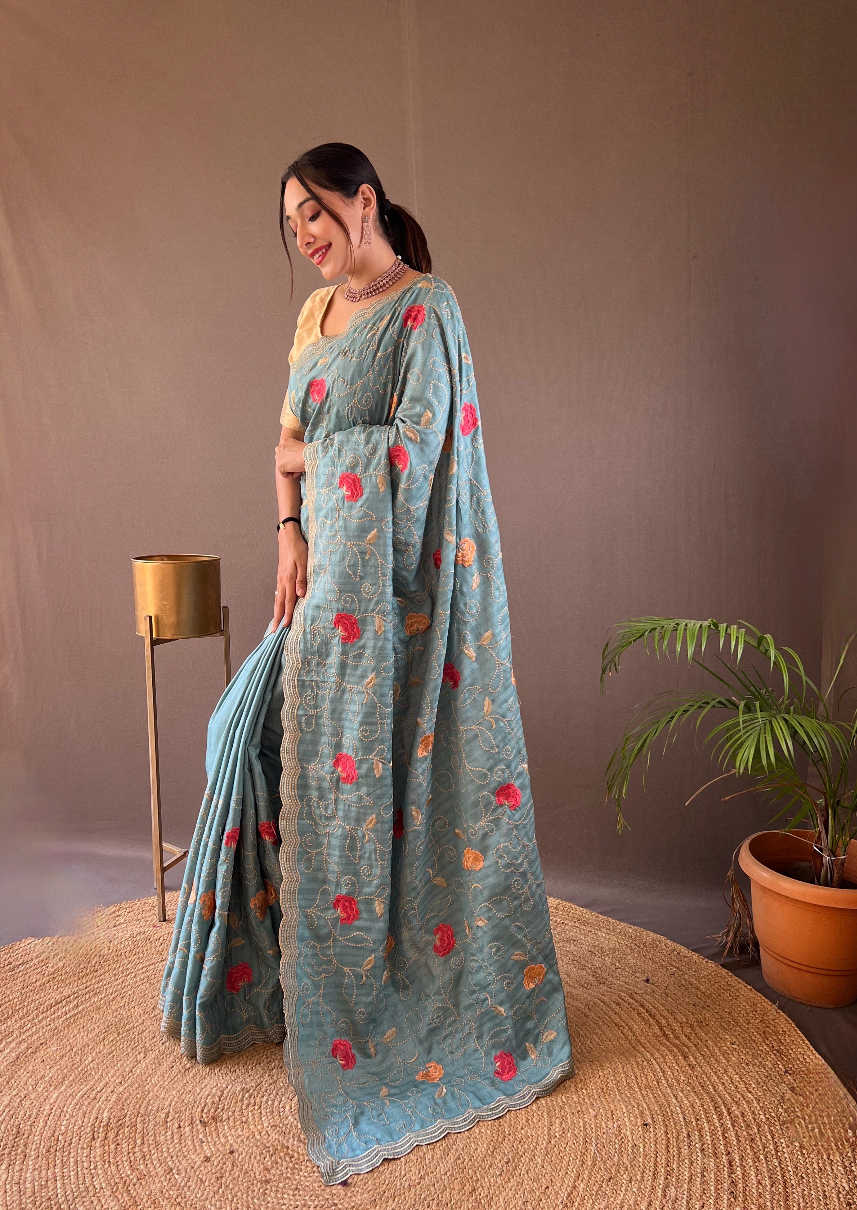 Sky Blue Floral Design Embroidered Work Tussar Silk Saree