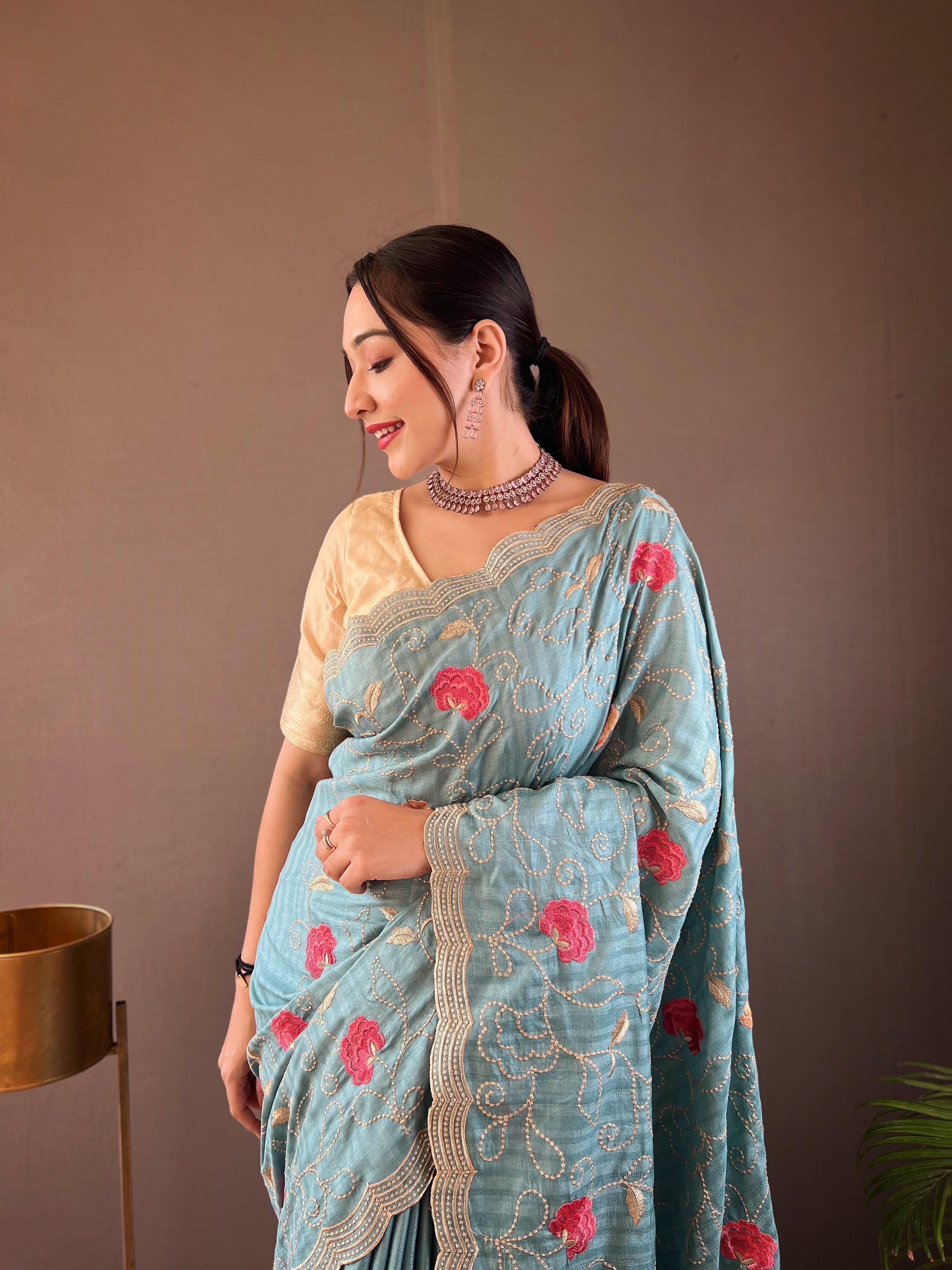 Sky Blue Floral Design Embroidered Work Tussar Silk Saree