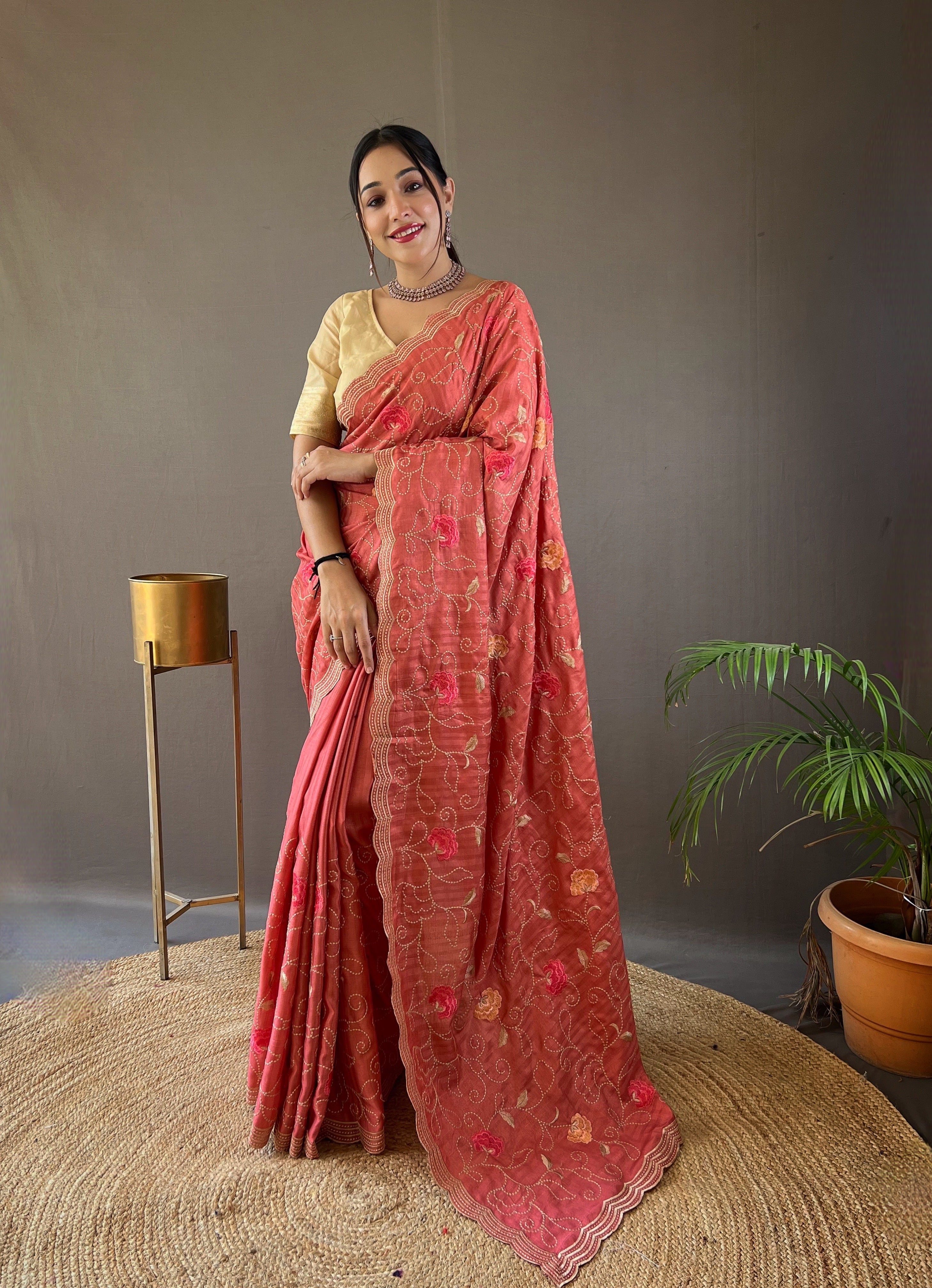 Shell Pink Floral Design Embroidered Work Tussar Silk Saree