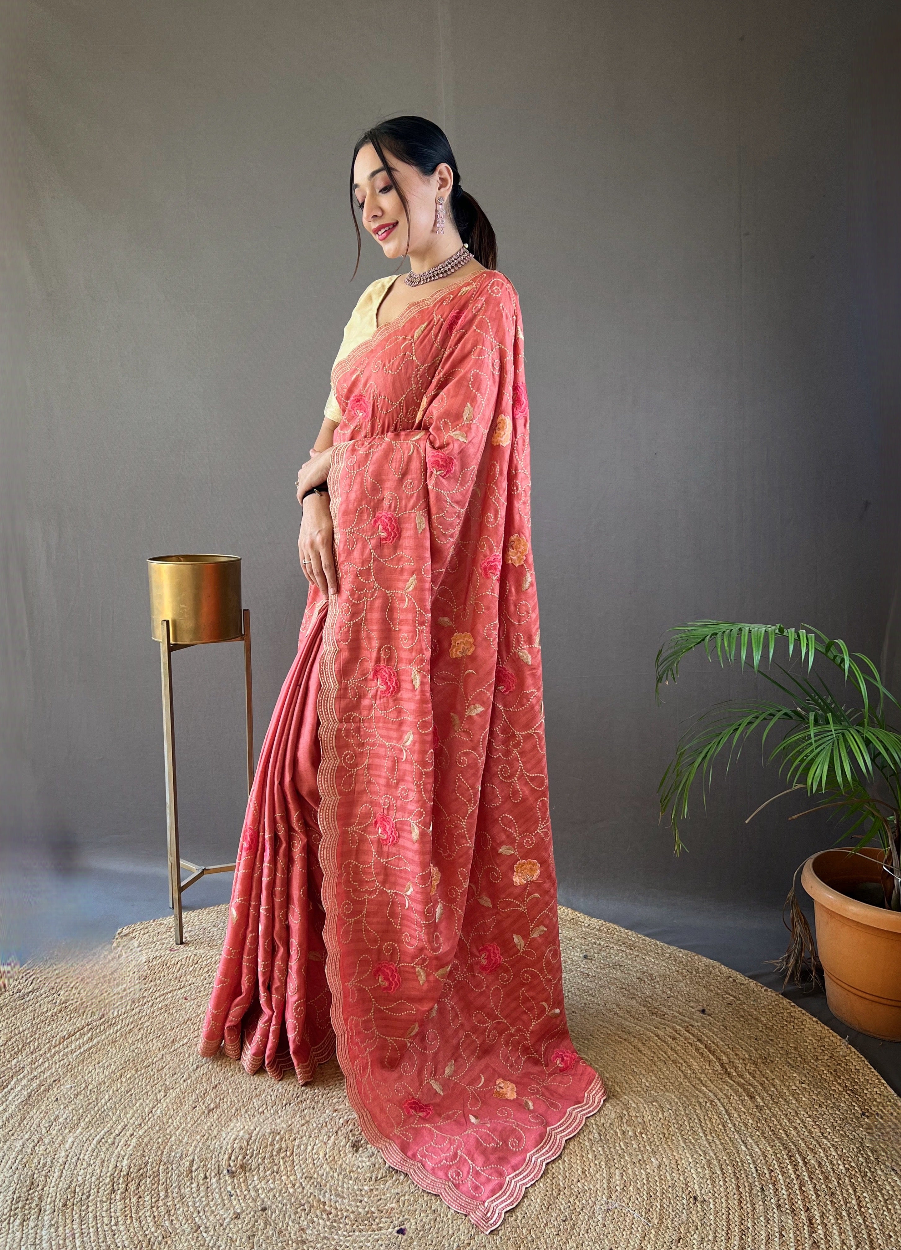 Shell Pink Floral Design Embroidered Work Tussar Silk Saree