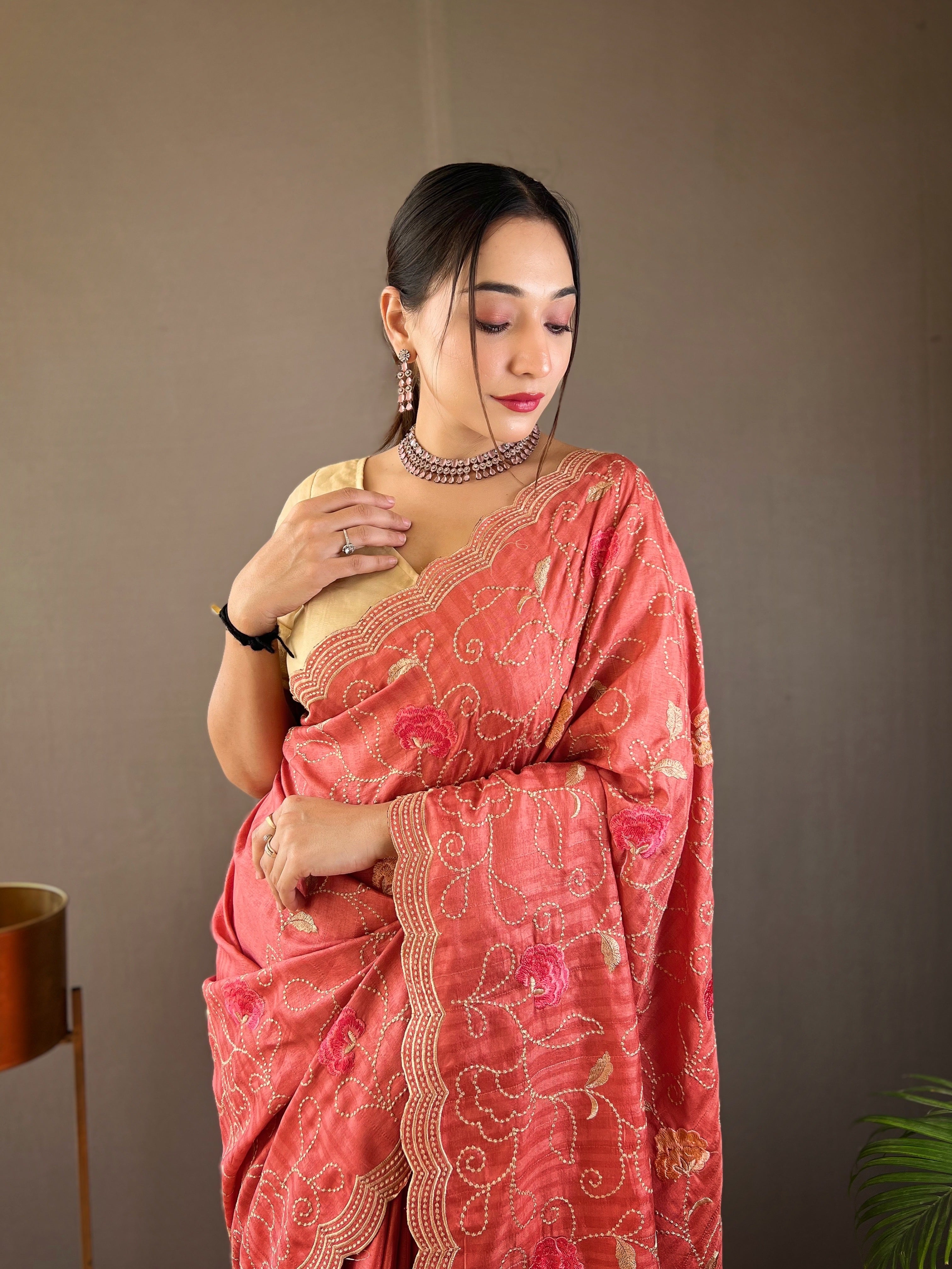Shell Pink Floral Design Embroidered Work Tussar Silk Saree
