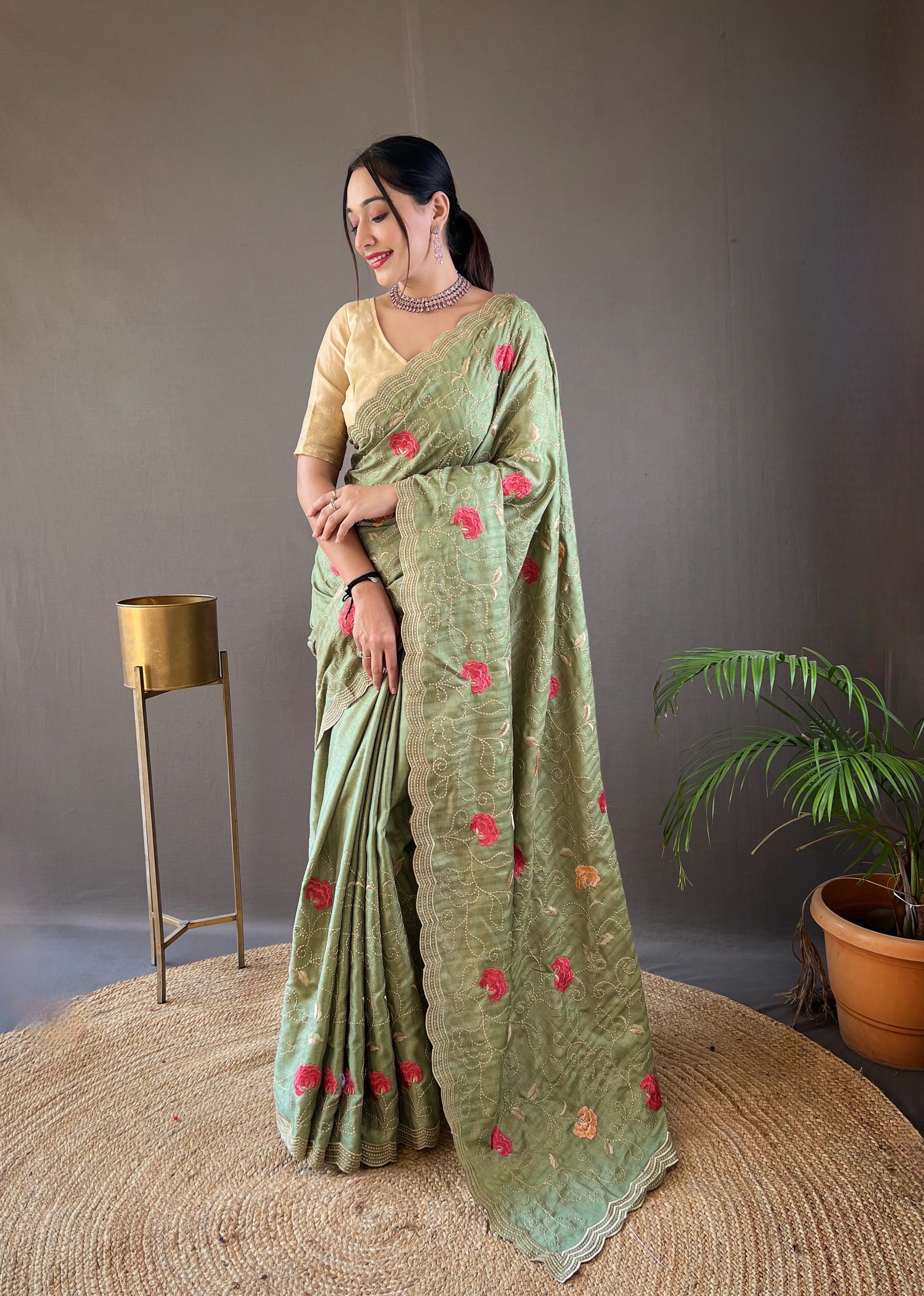 Sage Green Floral Design Embroidered Work Tussar Silk Saree