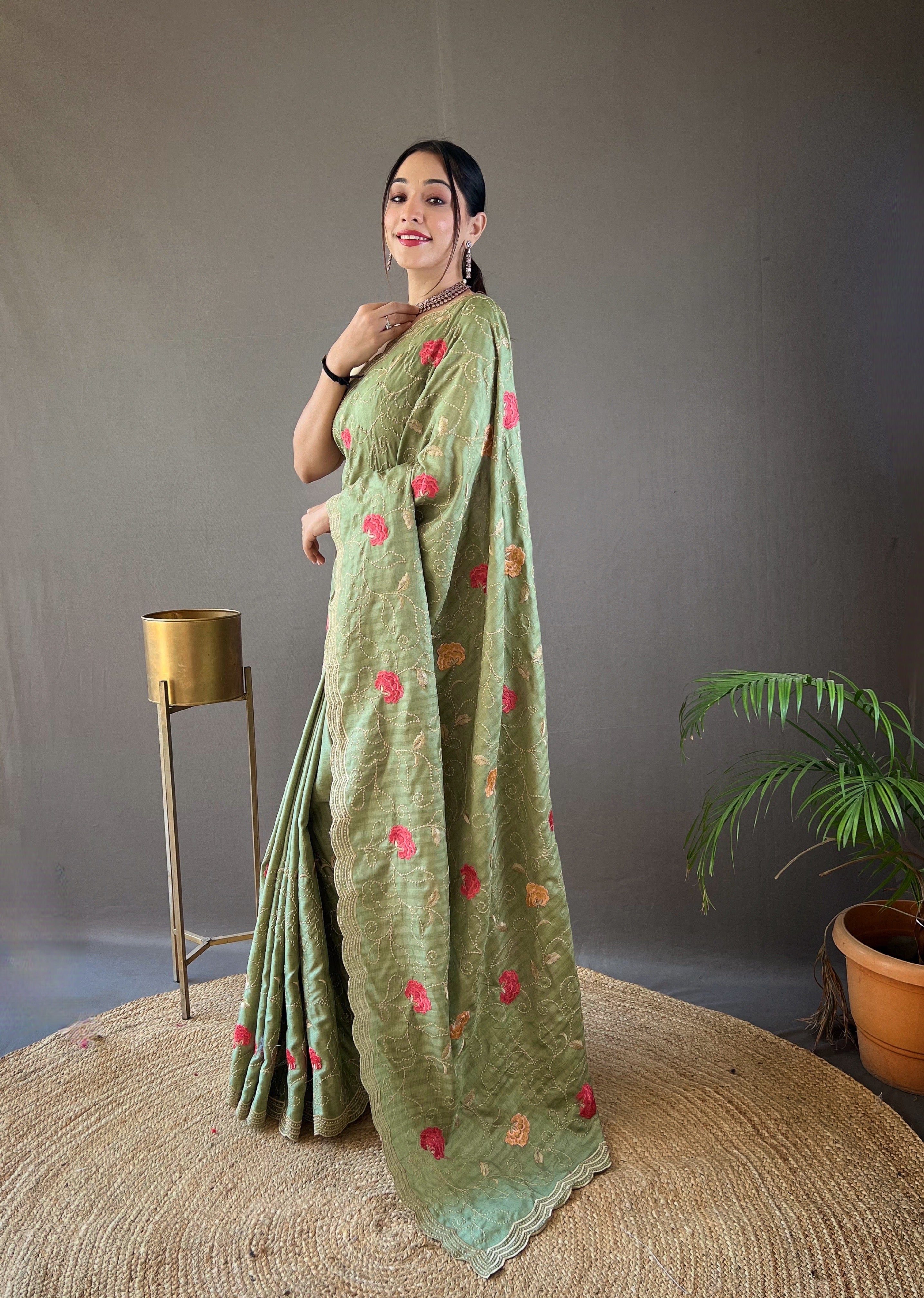 Sage Green Floral Design Embroidered Work Tussar Silk Saree