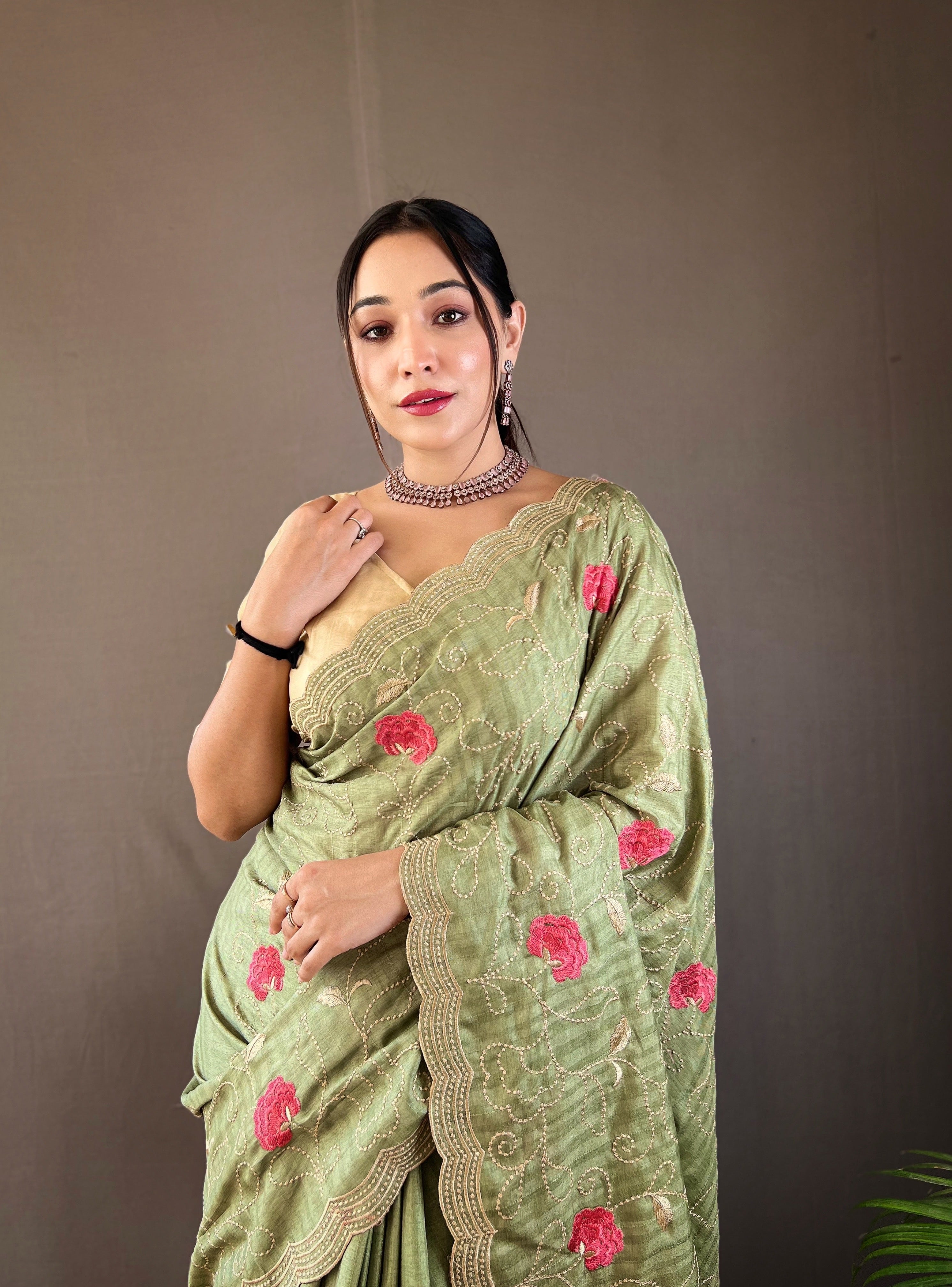 Sage Green Floral Design Embroidered Work Tussar Silk Saree