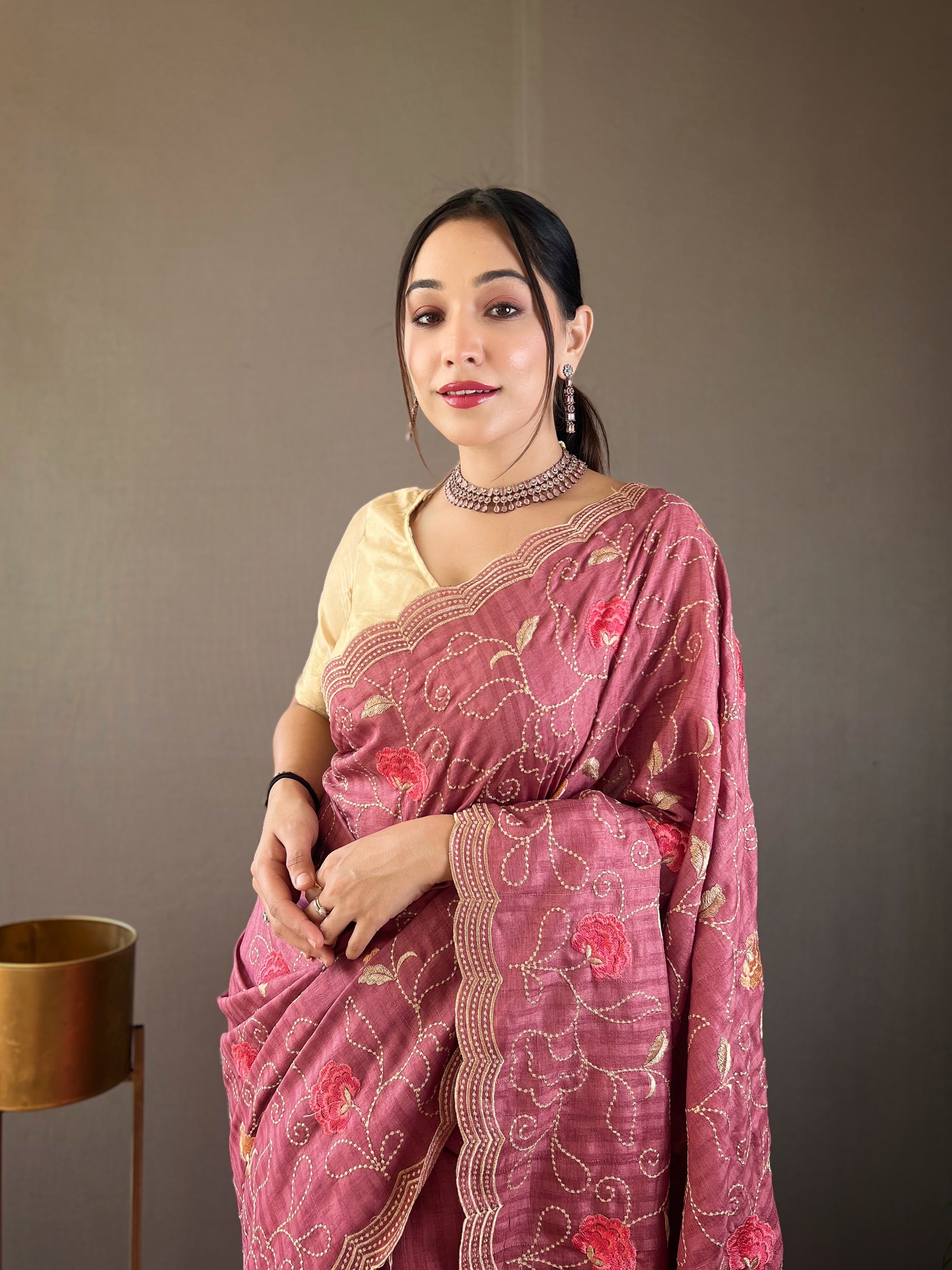 Wine Floral Design Embroidered Work Tussar Silk Saree