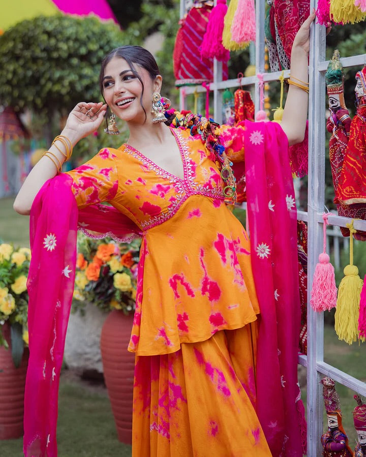 Orange Crepe Digital Printed With Embroidery Sharara Suit Set