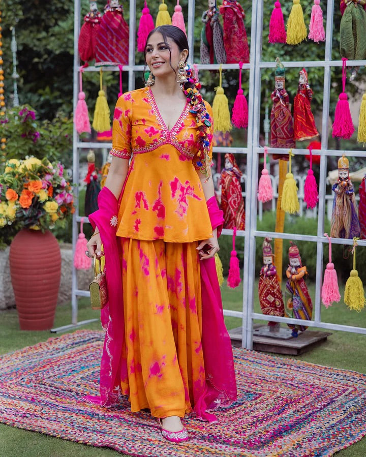 Orange Crepe Digital Printed With Embroidery Sharara Suit Set
