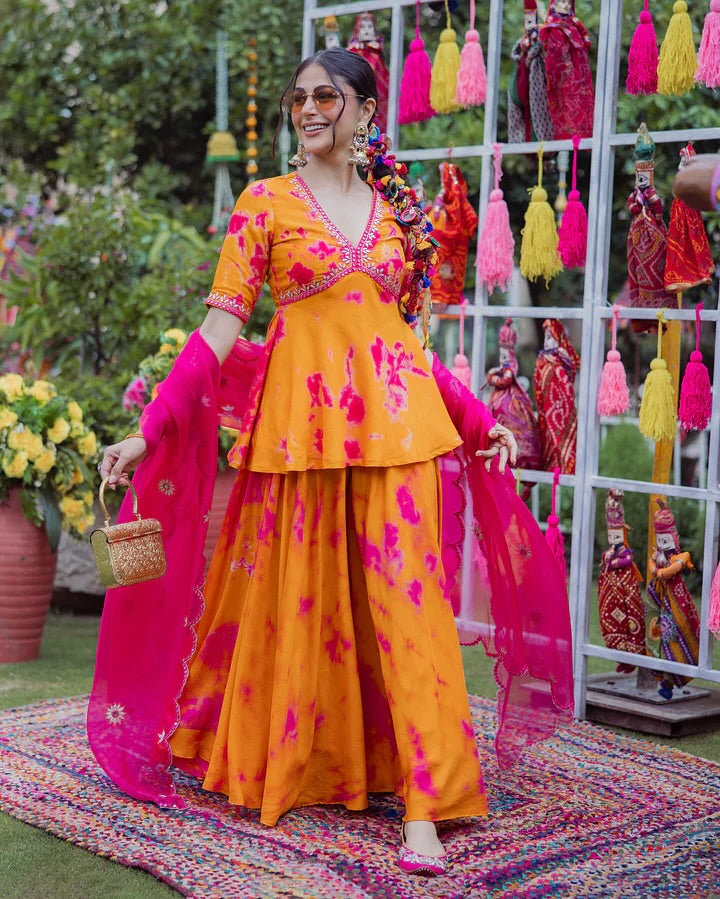 Orange Crepe Digital Printed With Embroidery Sharara Suit Set
