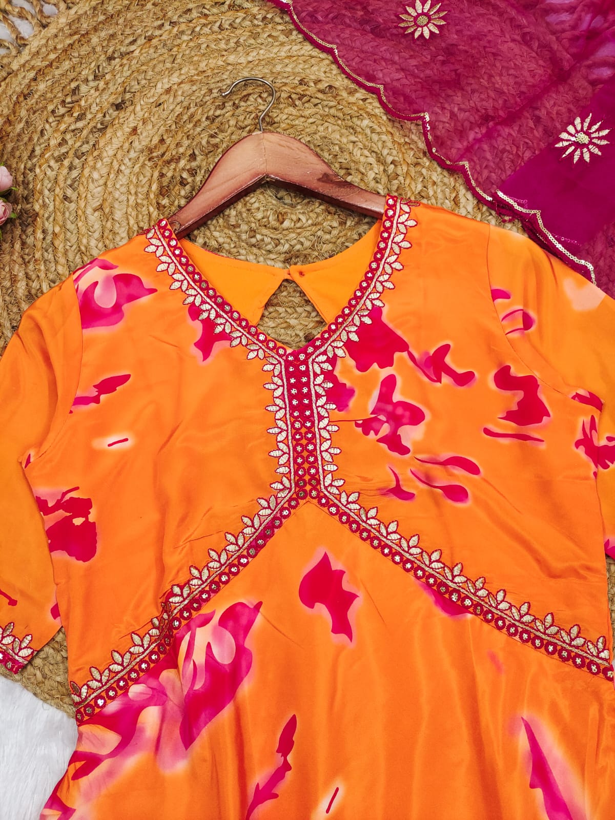 Orange Crepe Digital Printed With Embroidery Sharara Suit Set