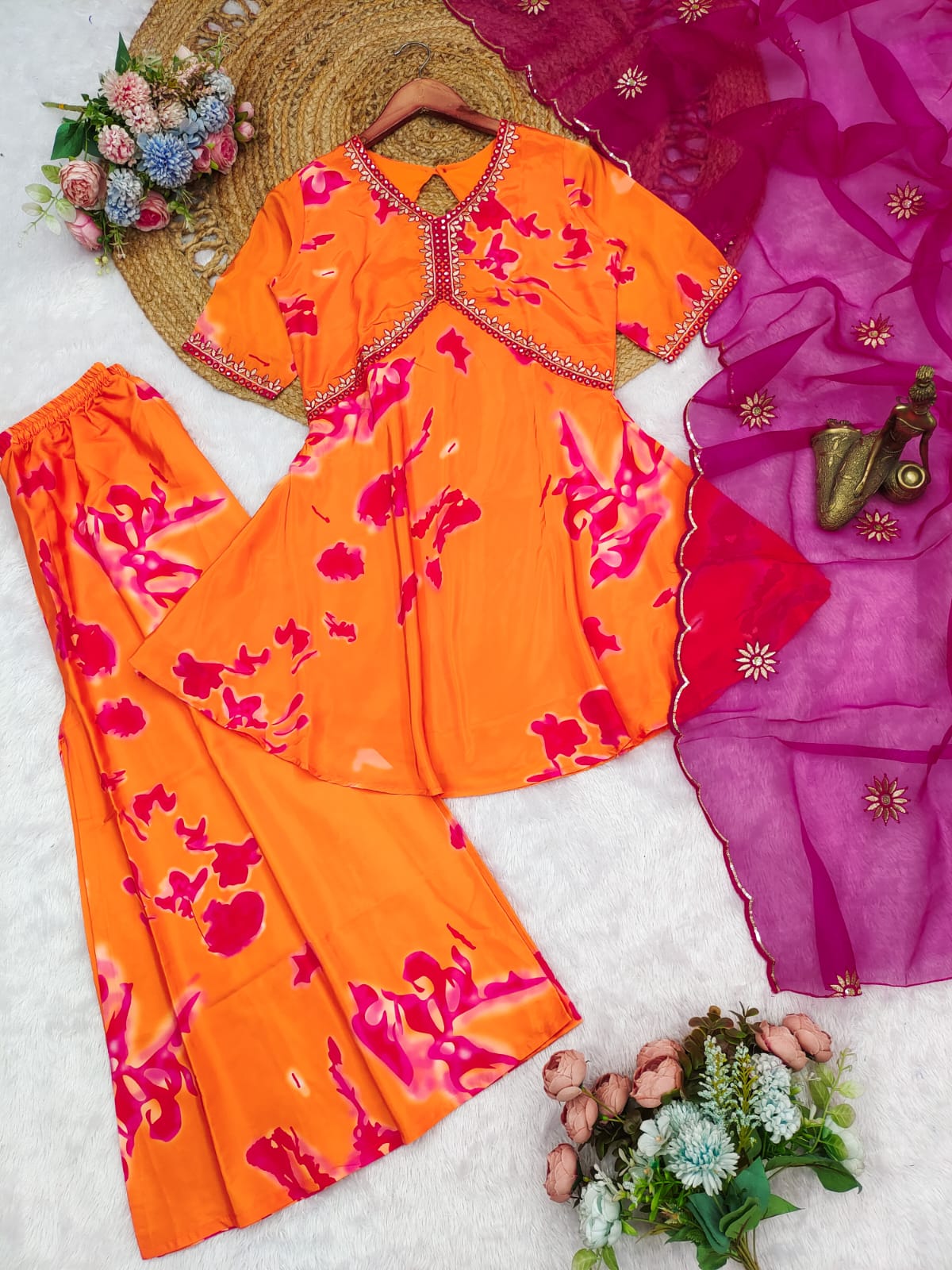 Orange Crepe Digital Printed With Embroidery Sharara Suit Set