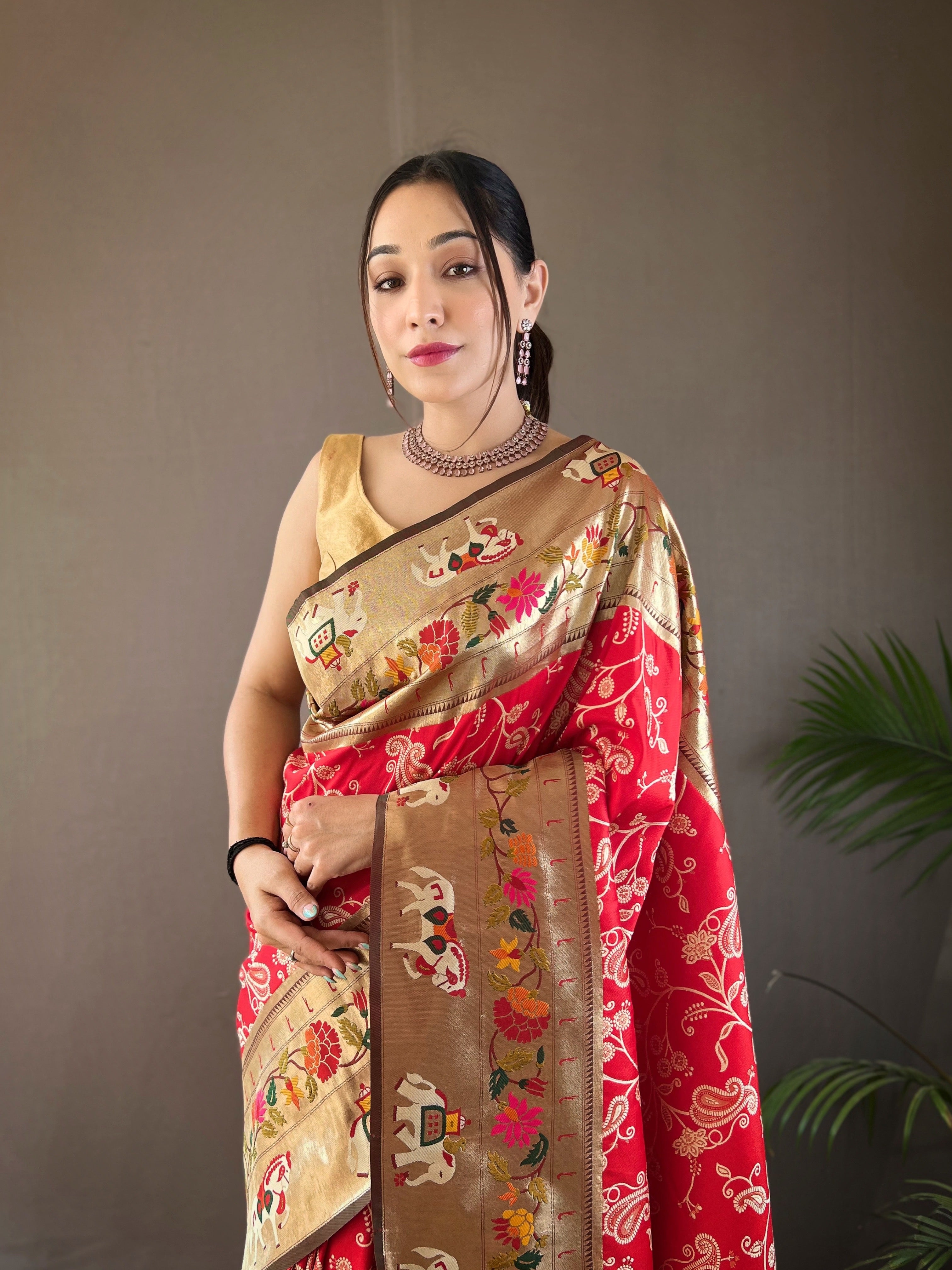 Pure Soft Red paithani Patola Silk Saree