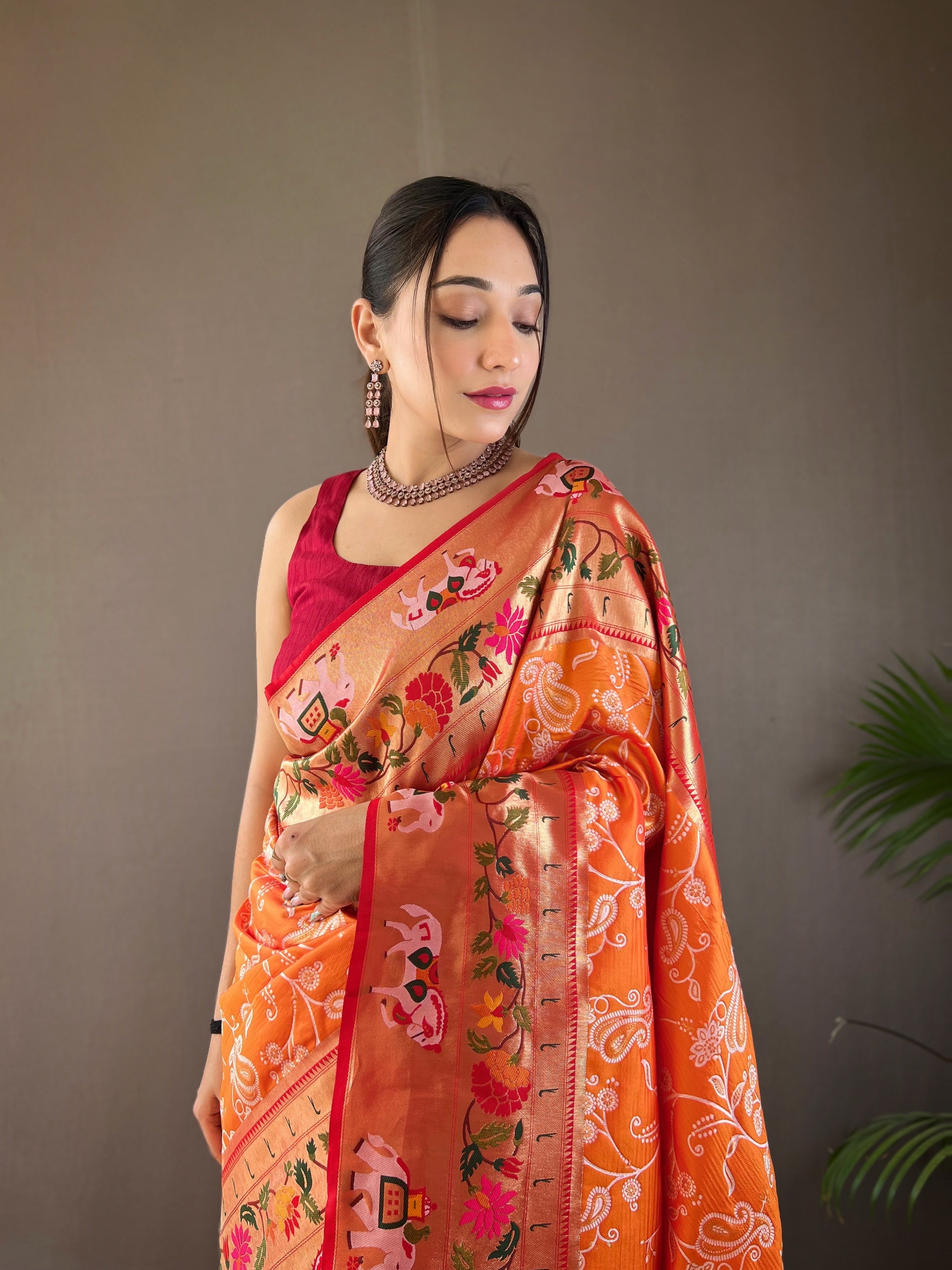 Pure Soft Orange paithani Patola Silk Saree