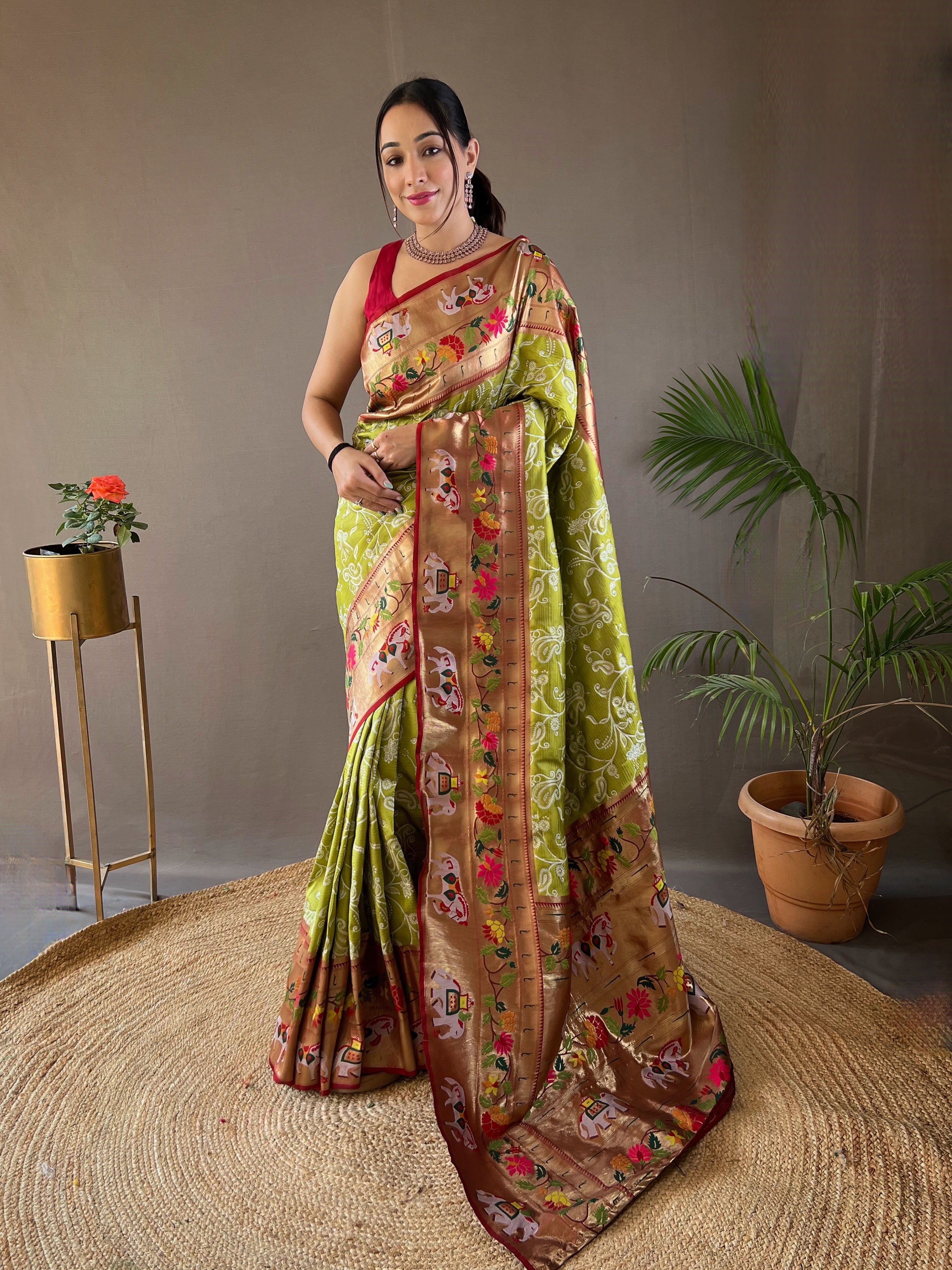 Pure Soft Parrot Green paithani Patola Silk Saree