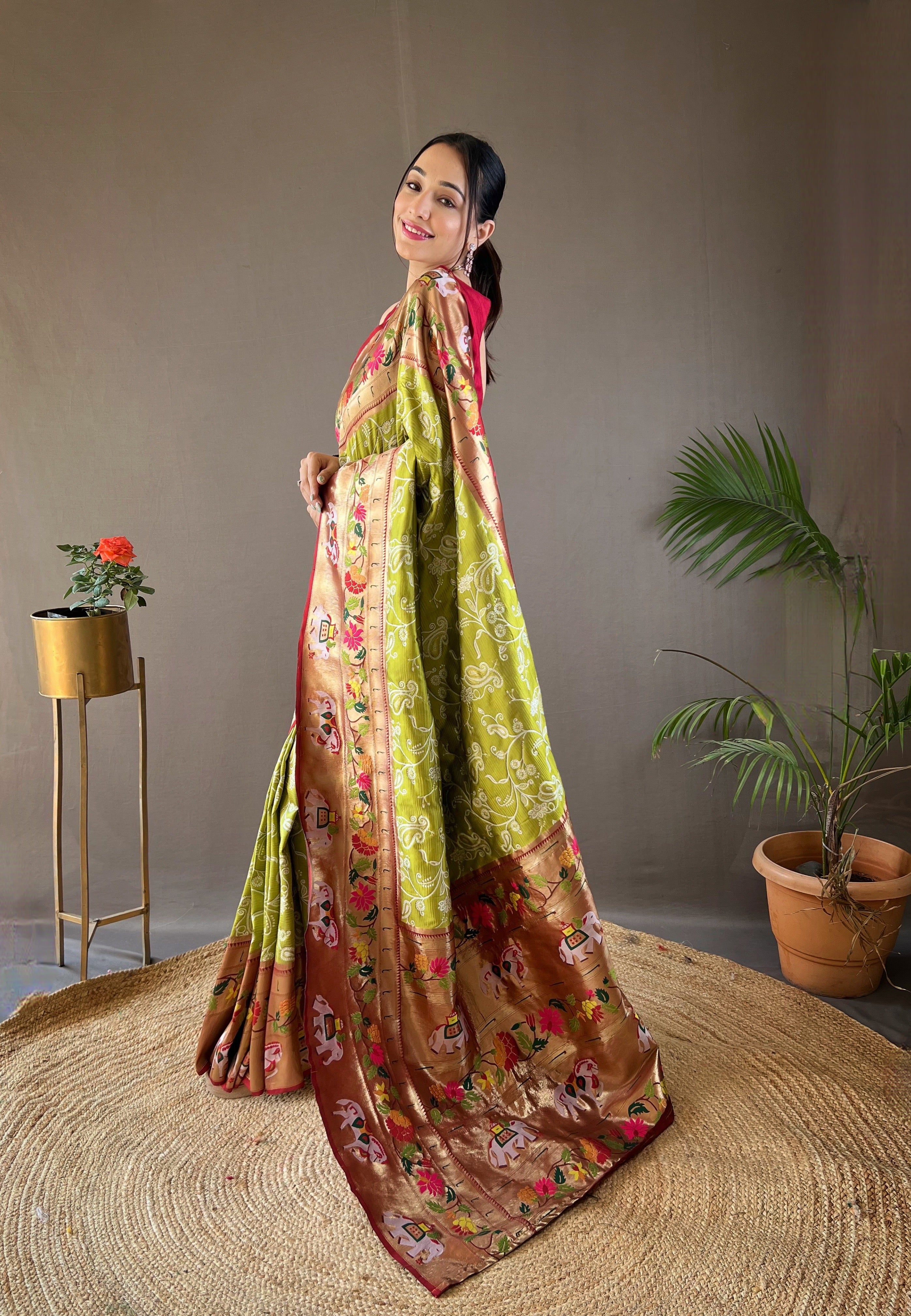 Pure Soft Parrot Green paithani Patola Silk Saree