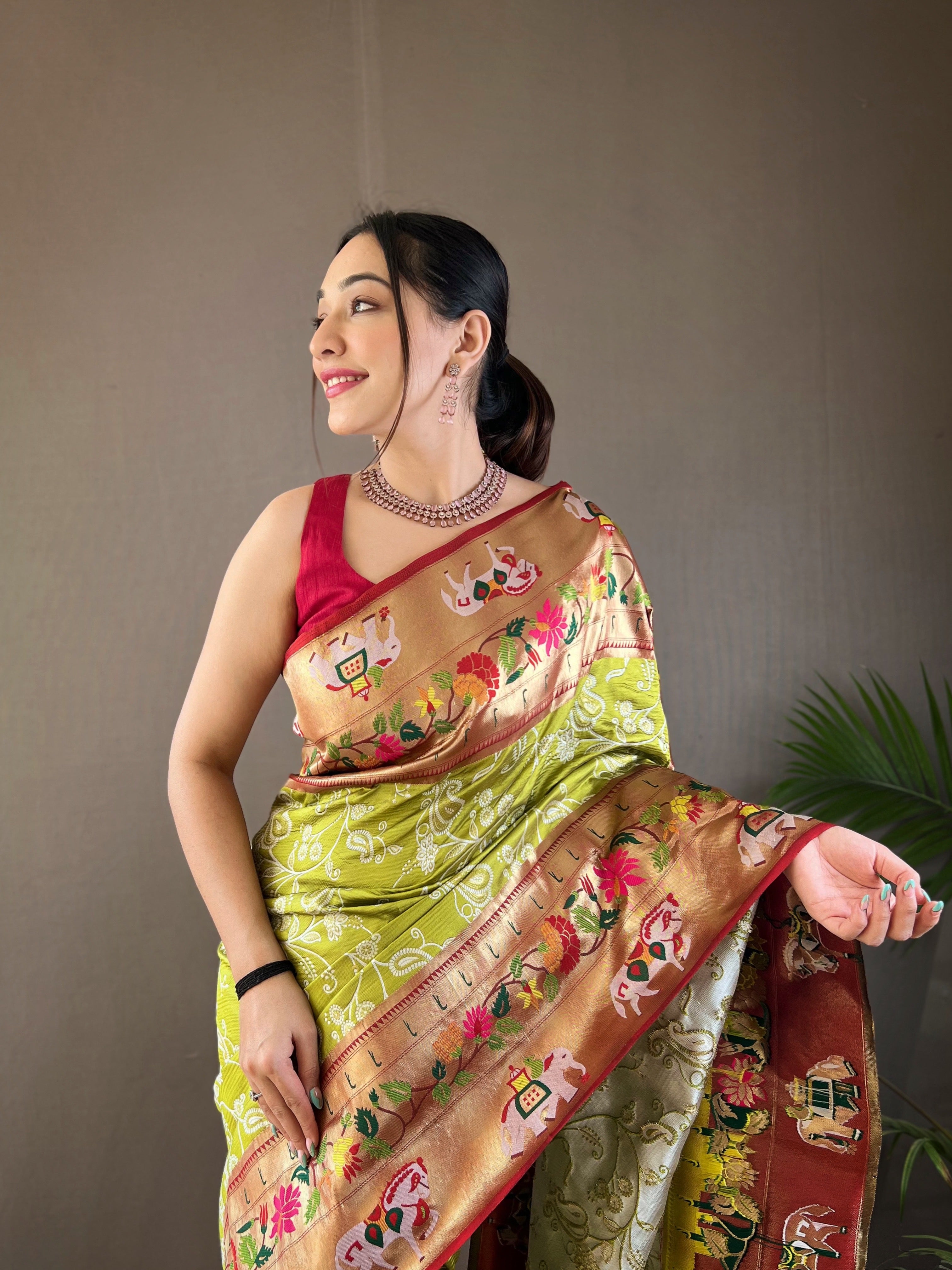 Pure Soft Parrot Green paithani Patola Silk Saree