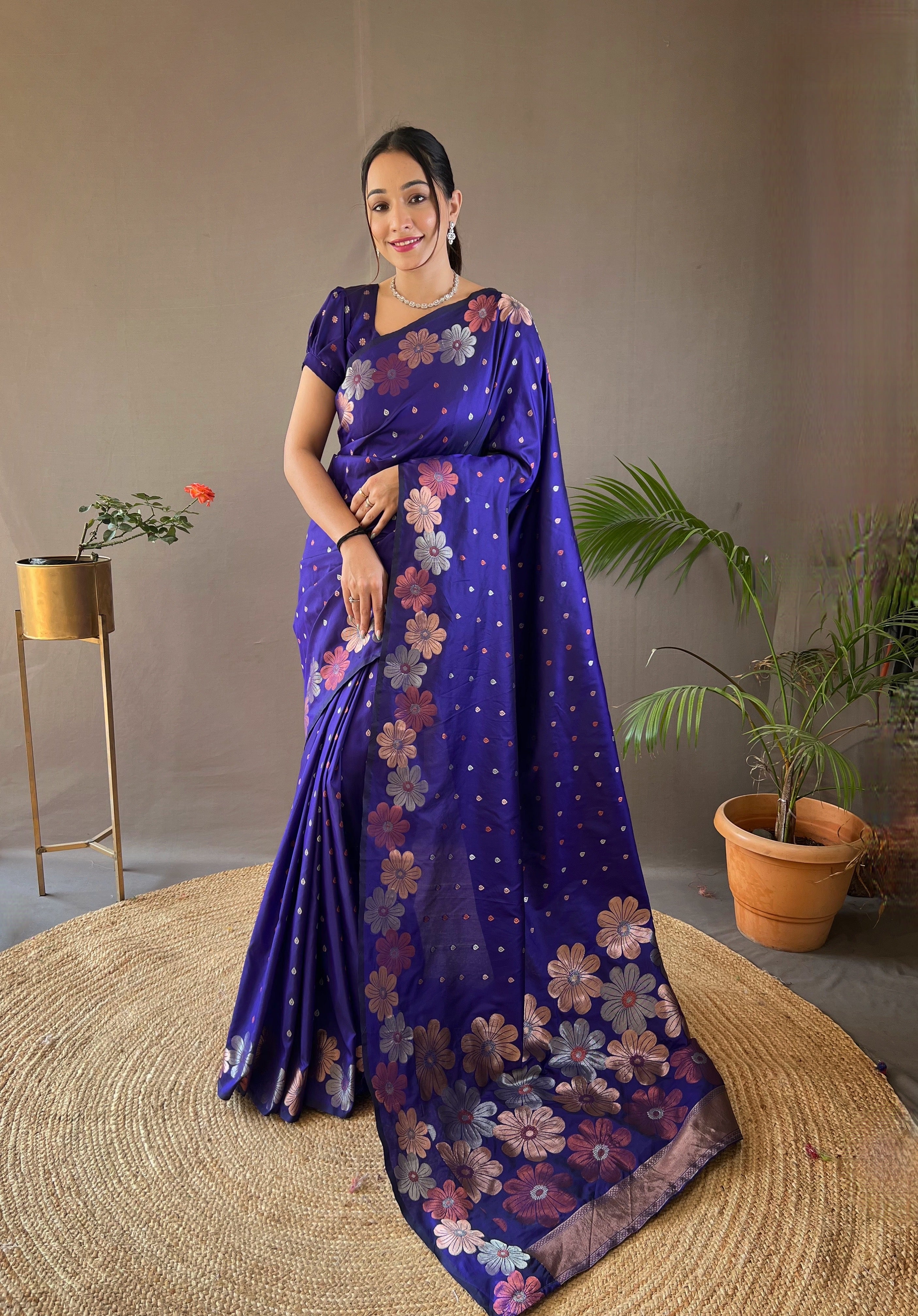 Royal Blue weaving flower panel Soft Banarasi Silk Saree
