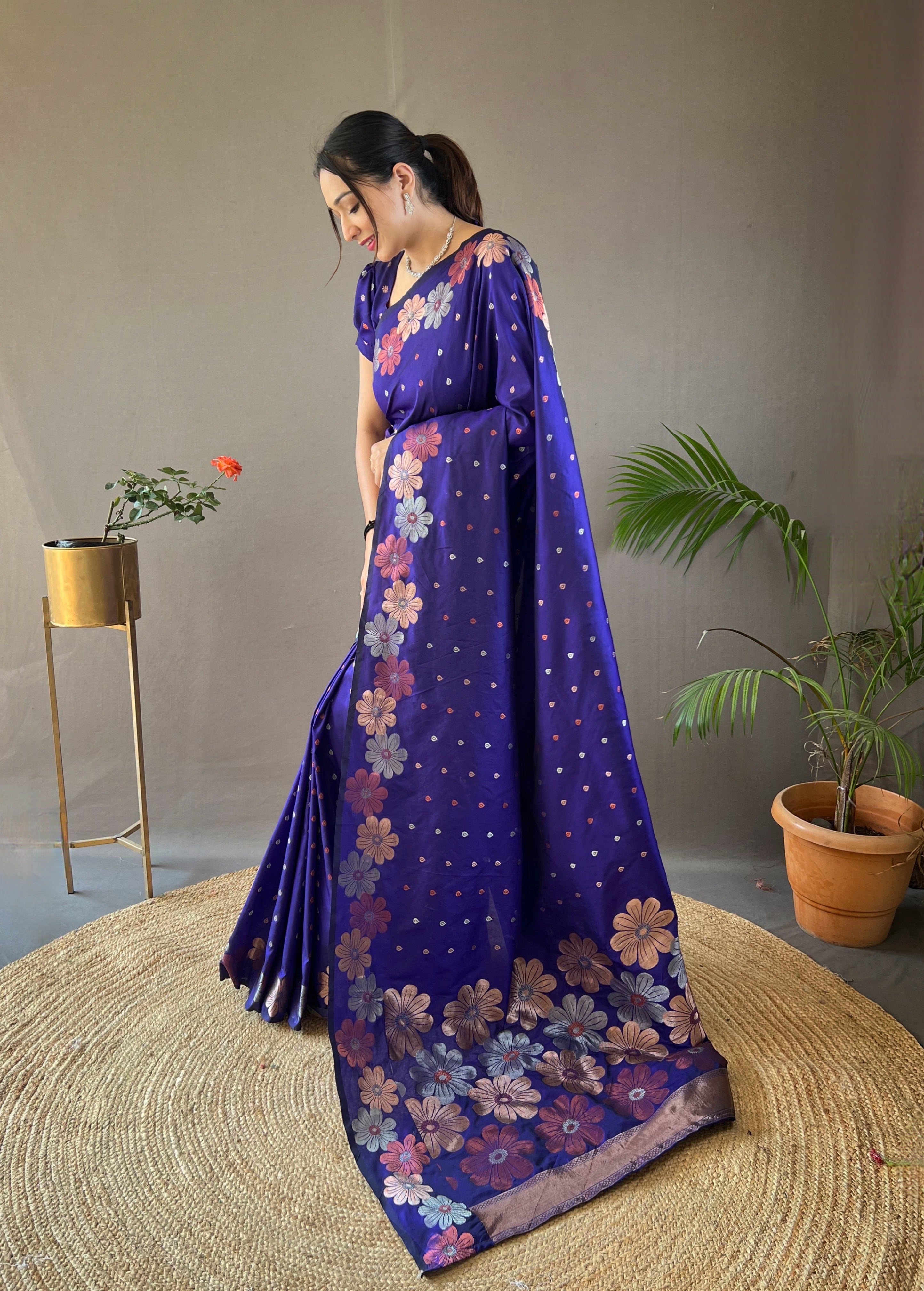 Royal Blue weaving flower panel Soft Banarasi Silk Saree