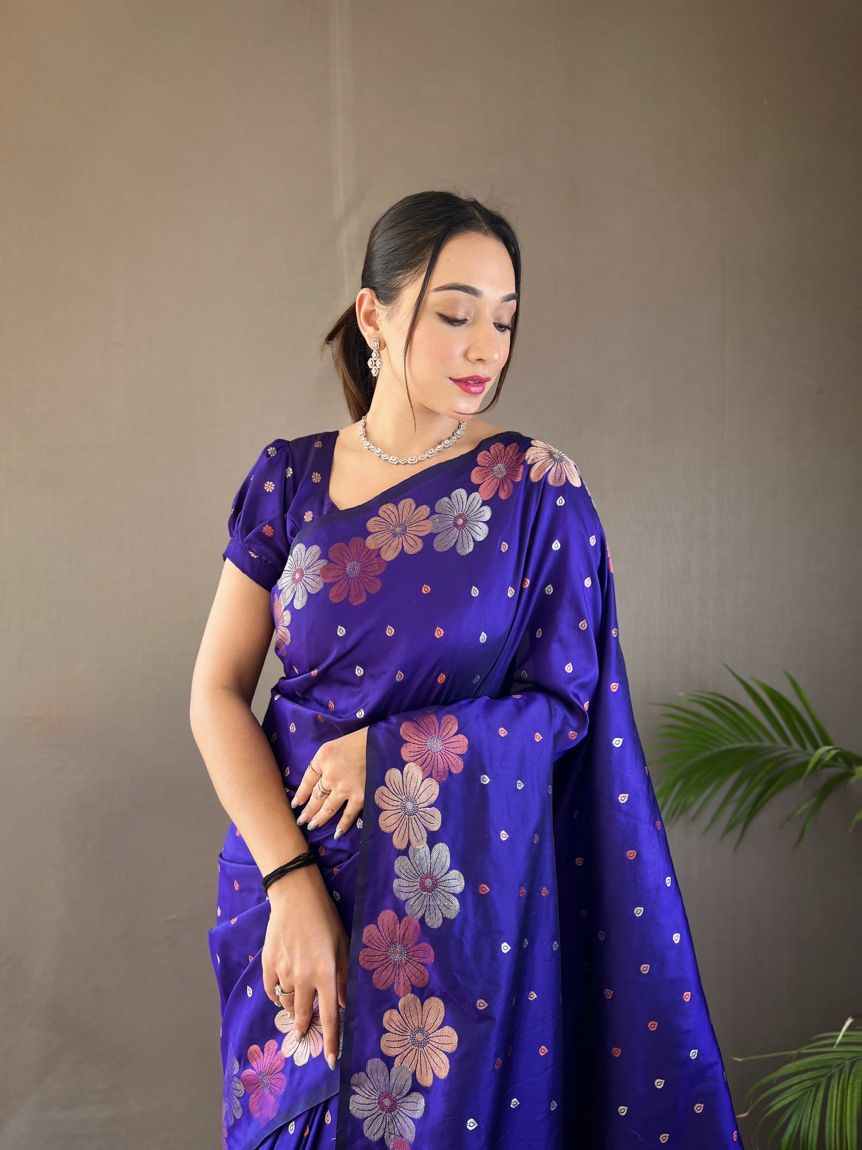 Royal Blue weaving flower panel Soft Banarasi Silk Saree
