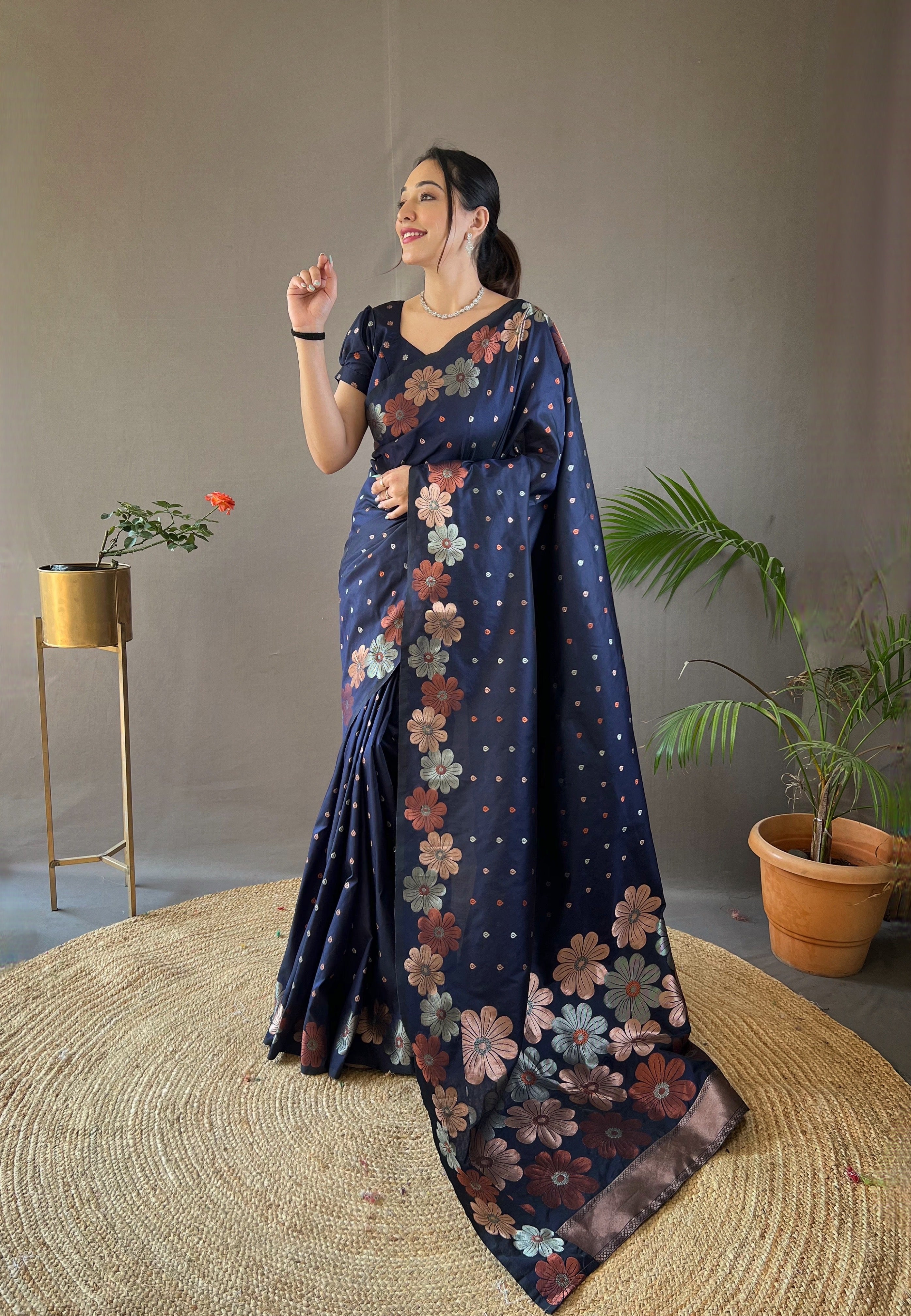 Indigo weaving flower panel Soft Banarasi Silk Saree