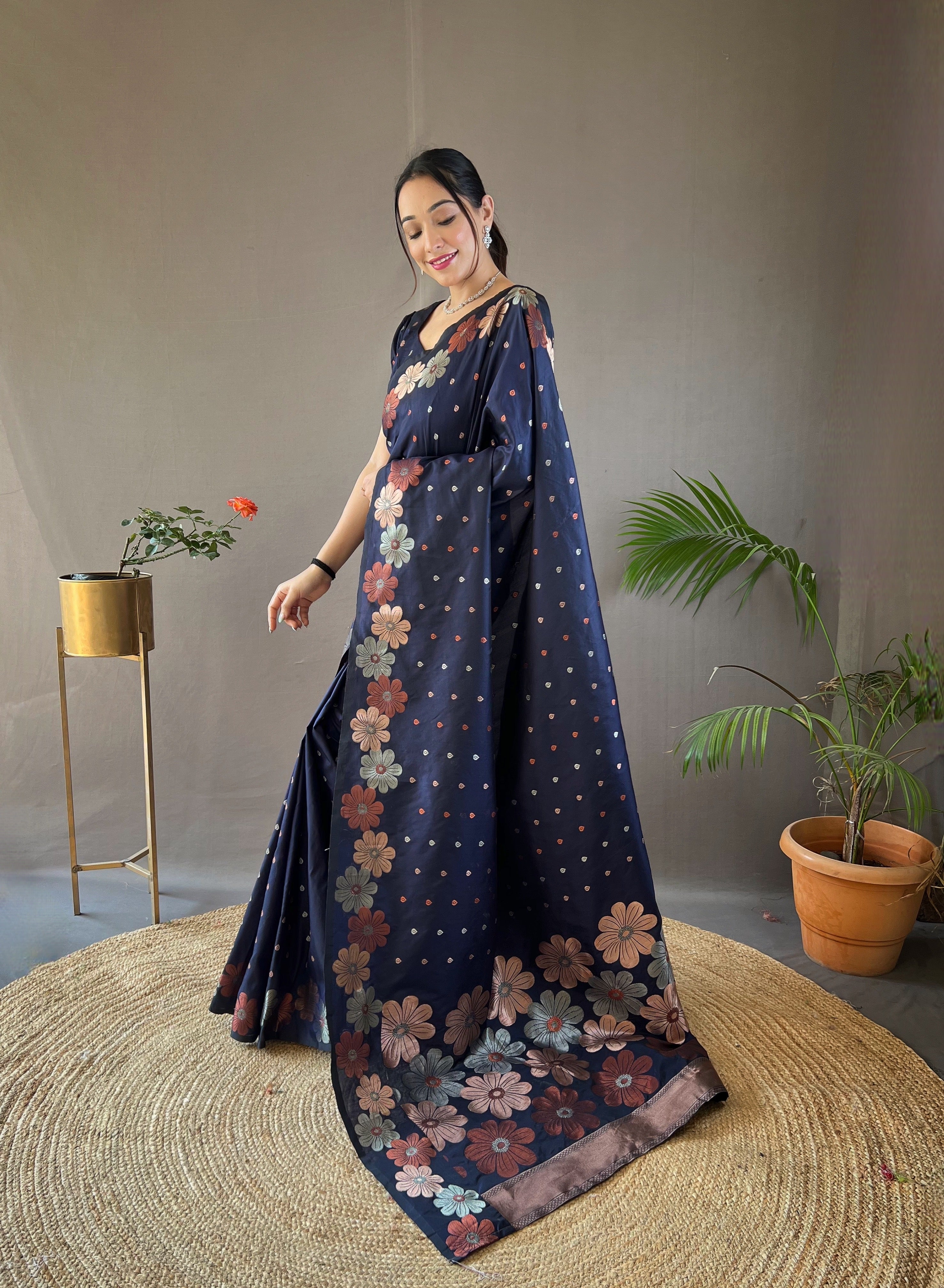 Indigo weaving flower panel Soft Banarasi Silk Saree