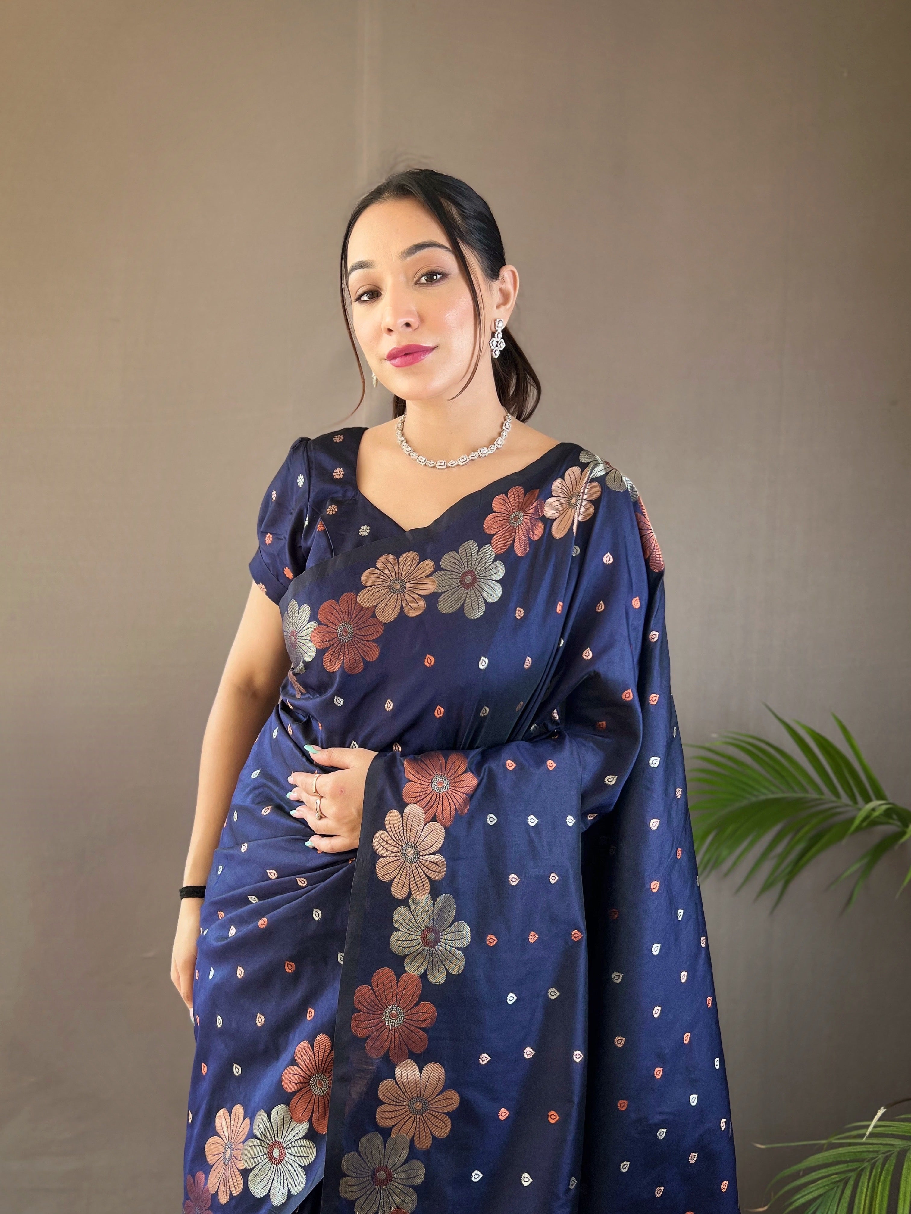 Indigo weaving flower panel Soft Banarasi Silk Saree