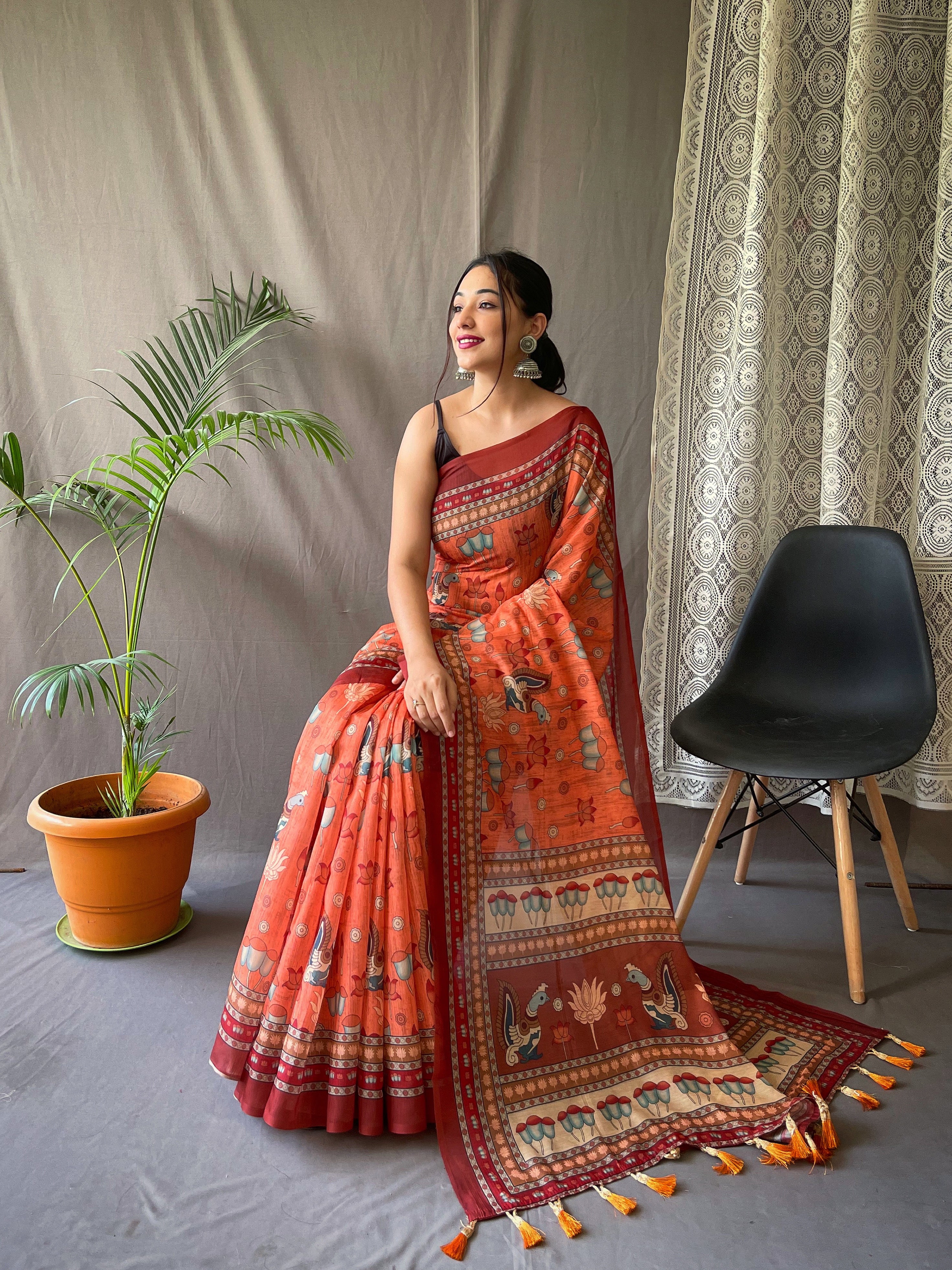 Vibrant Orange Kadambari Cotton Kalamkari Printed Saree