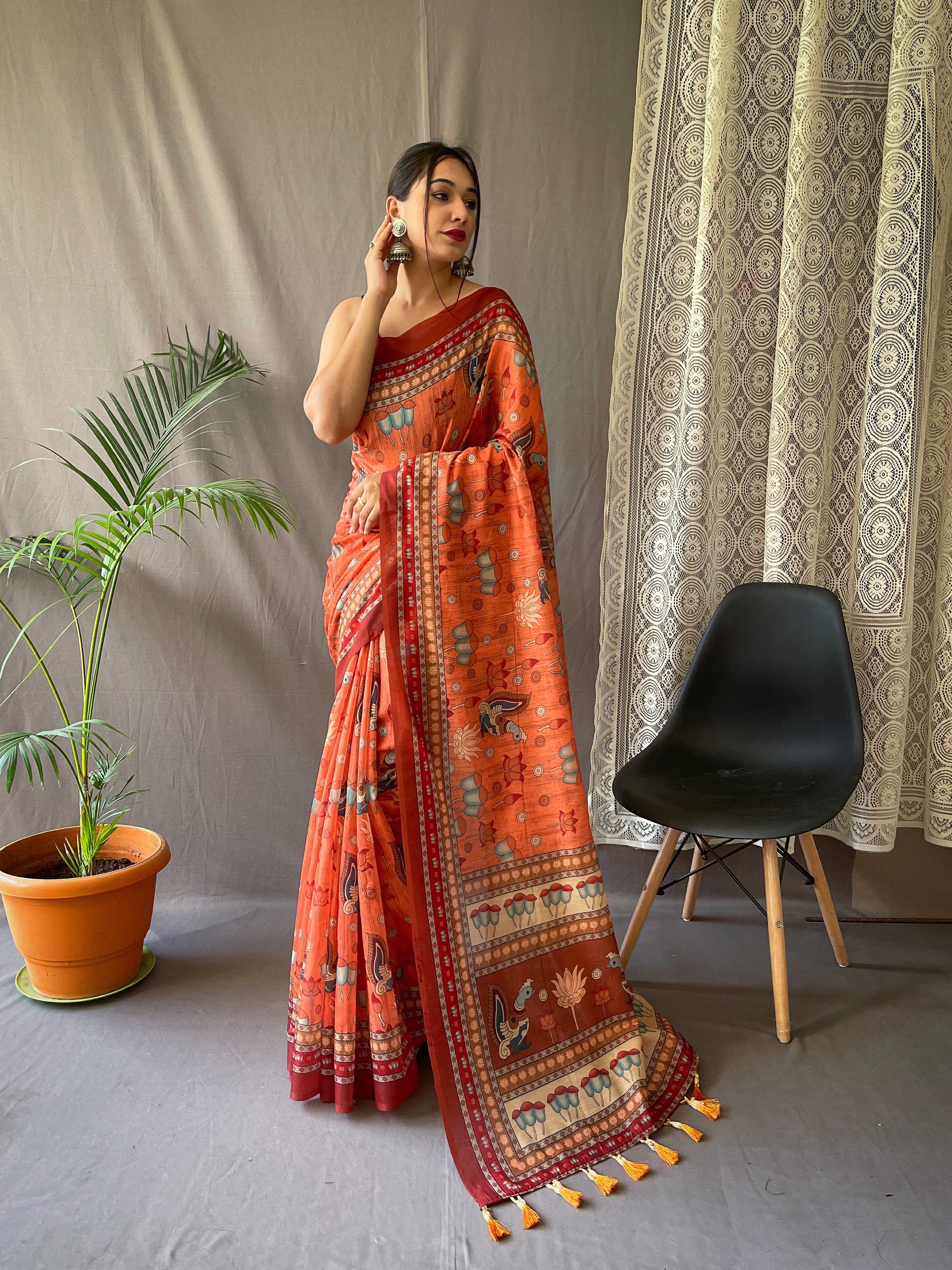 Vibrant Orange Kadambari Cotton Kalamkari Printed Saree