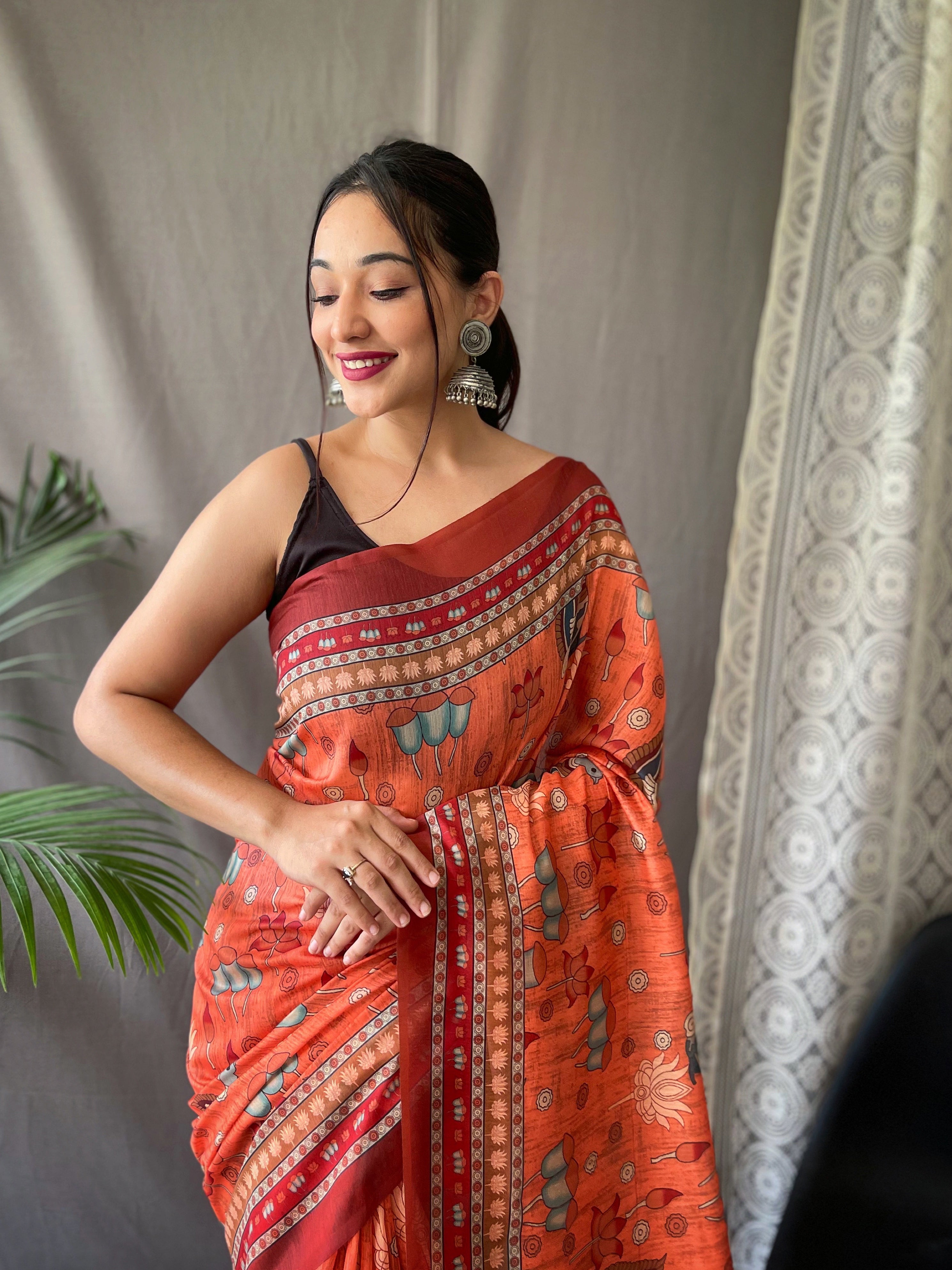 Vibrant Orange Kadambari Cotton Kalamkari Printed Saree