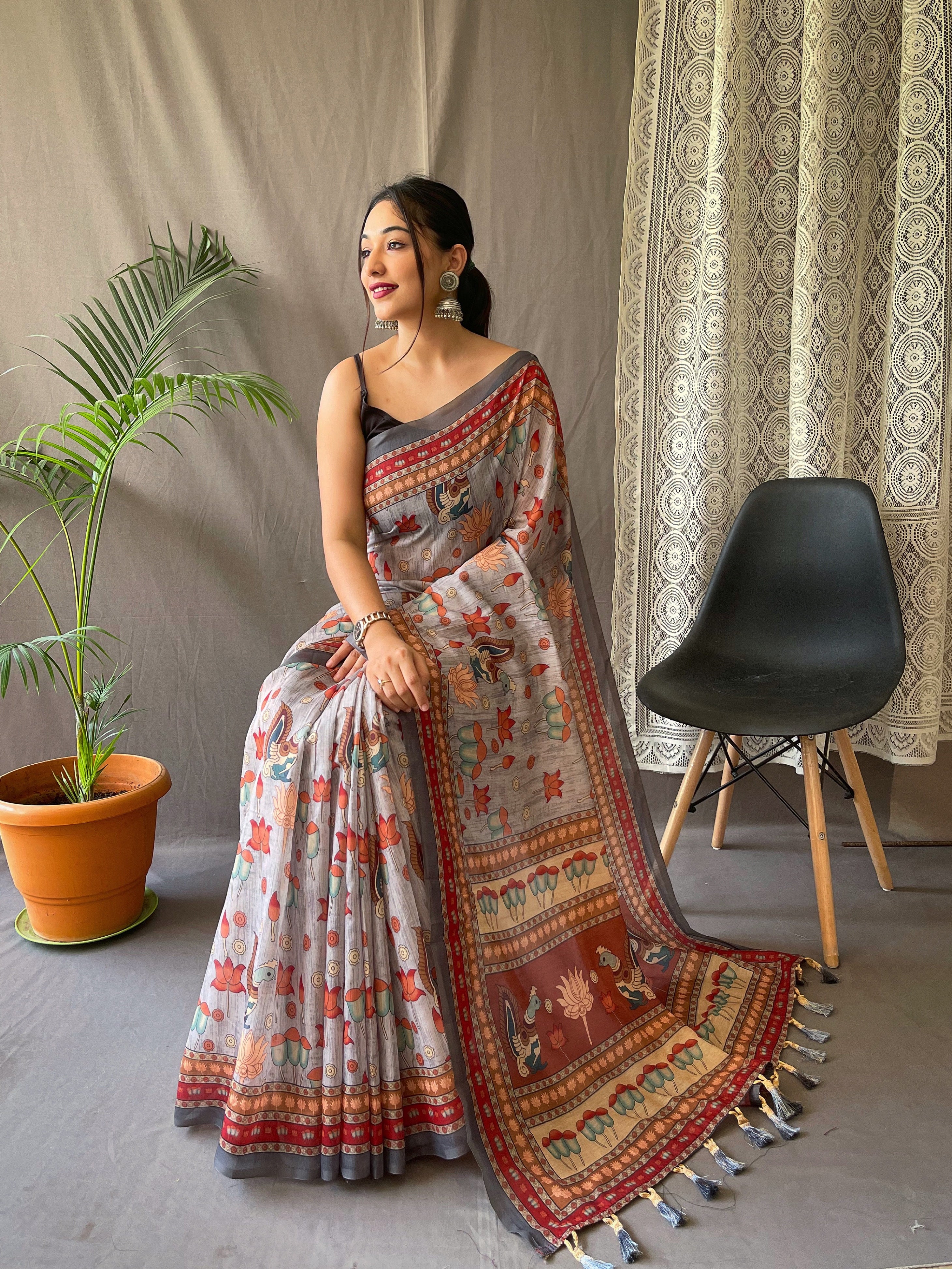 Lavender Grey  Kadambari Cotton Kalamkari Printed Saree