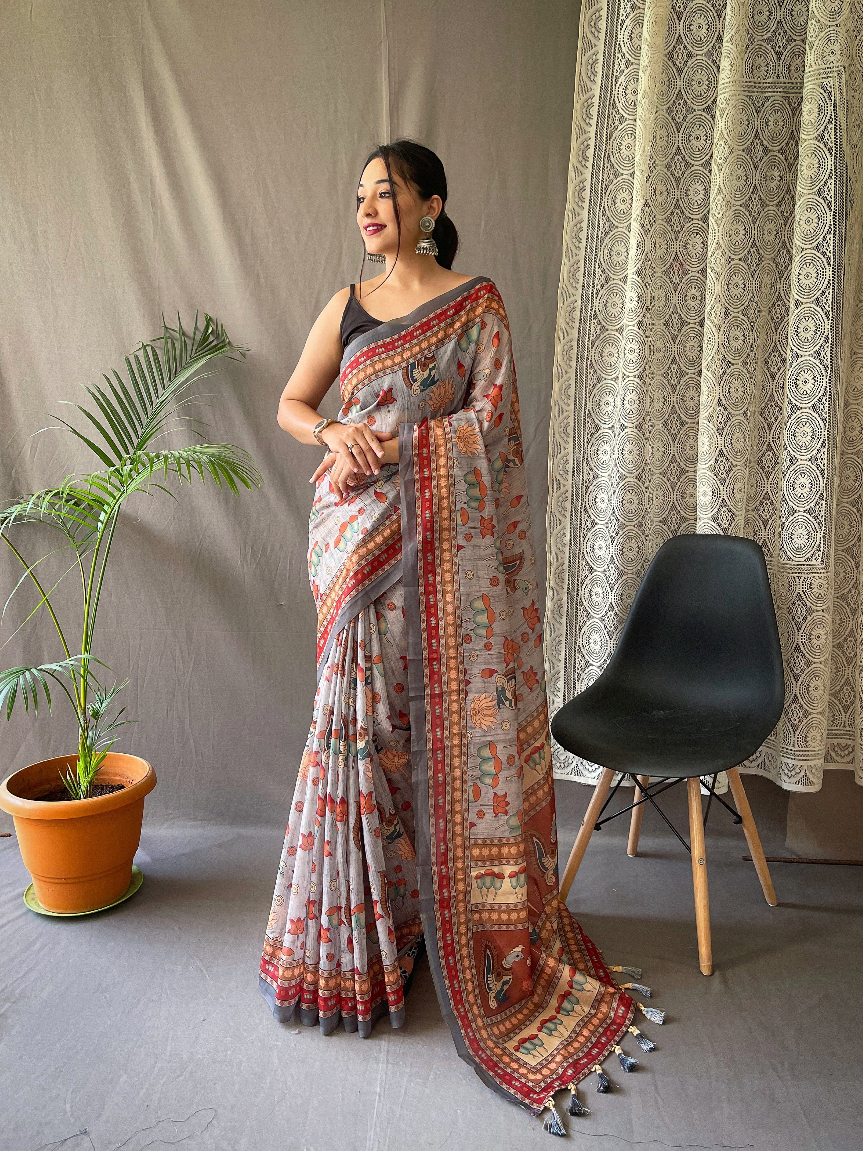 Lavender Grey  Kadambari Cotton Kalamkari Printed Saree