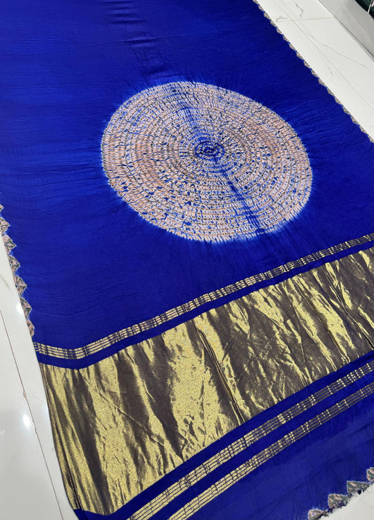 Blue Shibori Bandhni Border Pure Modal Silk Plain With Lagdi Pallu Saree