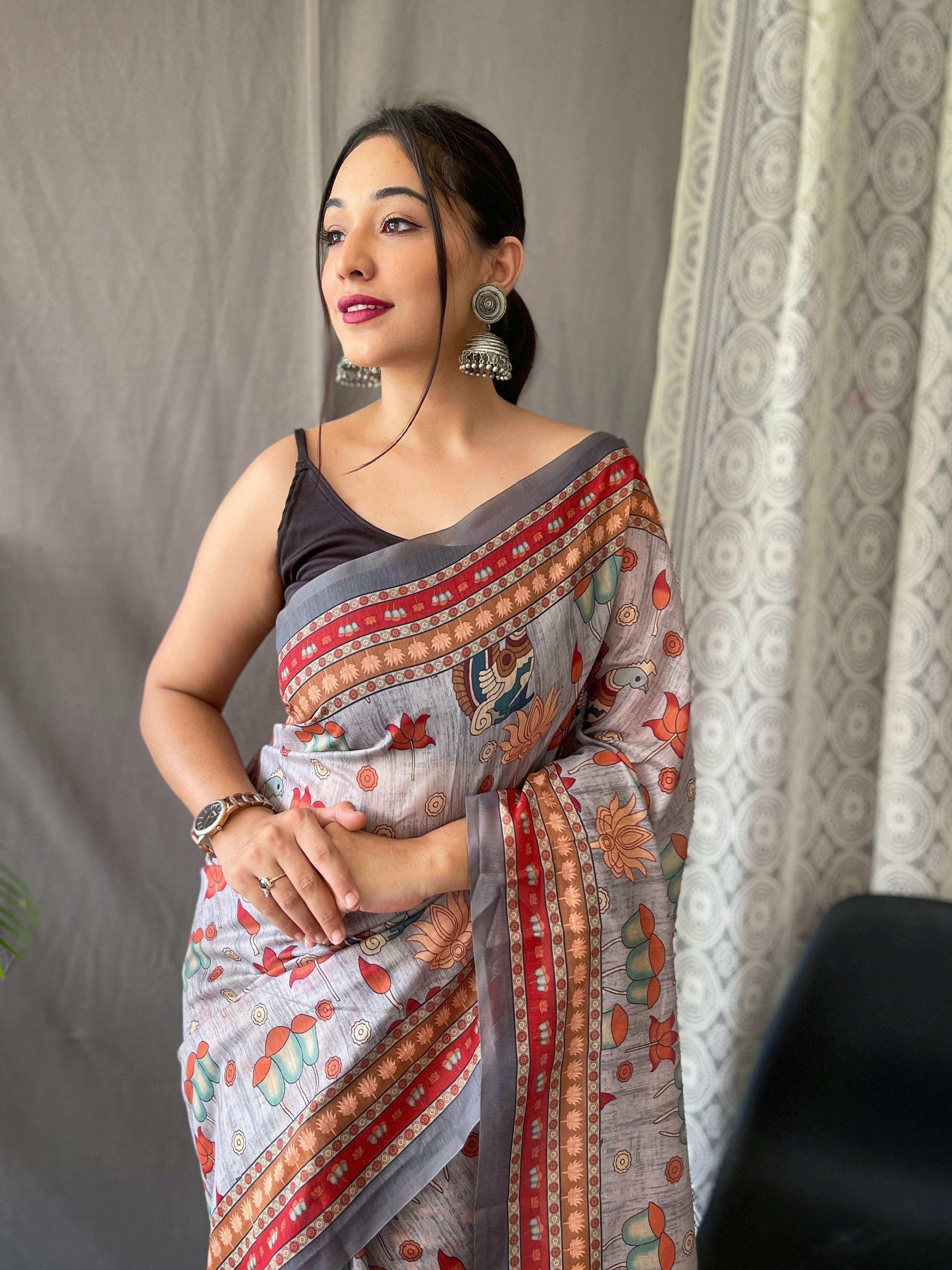 Lavender Grey  Kadambari Cotton Kalamkari Printed Saree