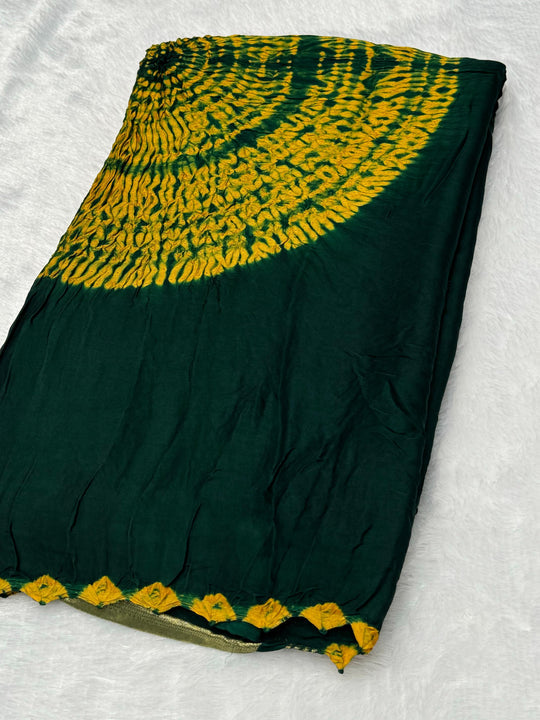 Olive Green Shibori Bandhni Border Pure Modal Silk Plain With Lagdi Pallu Saree