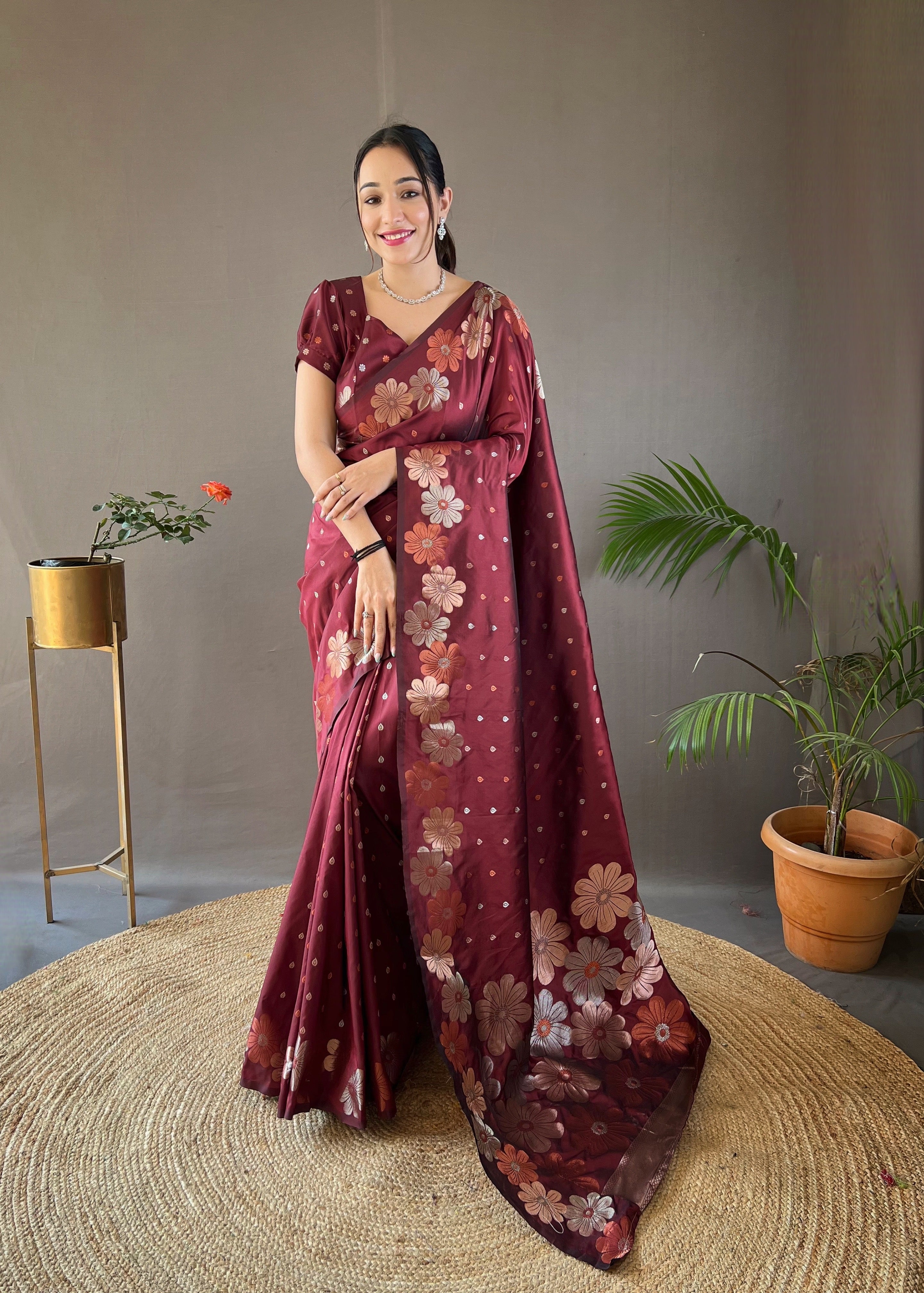 Maroon weaving flower panel Soft Banarasi Silk Saree