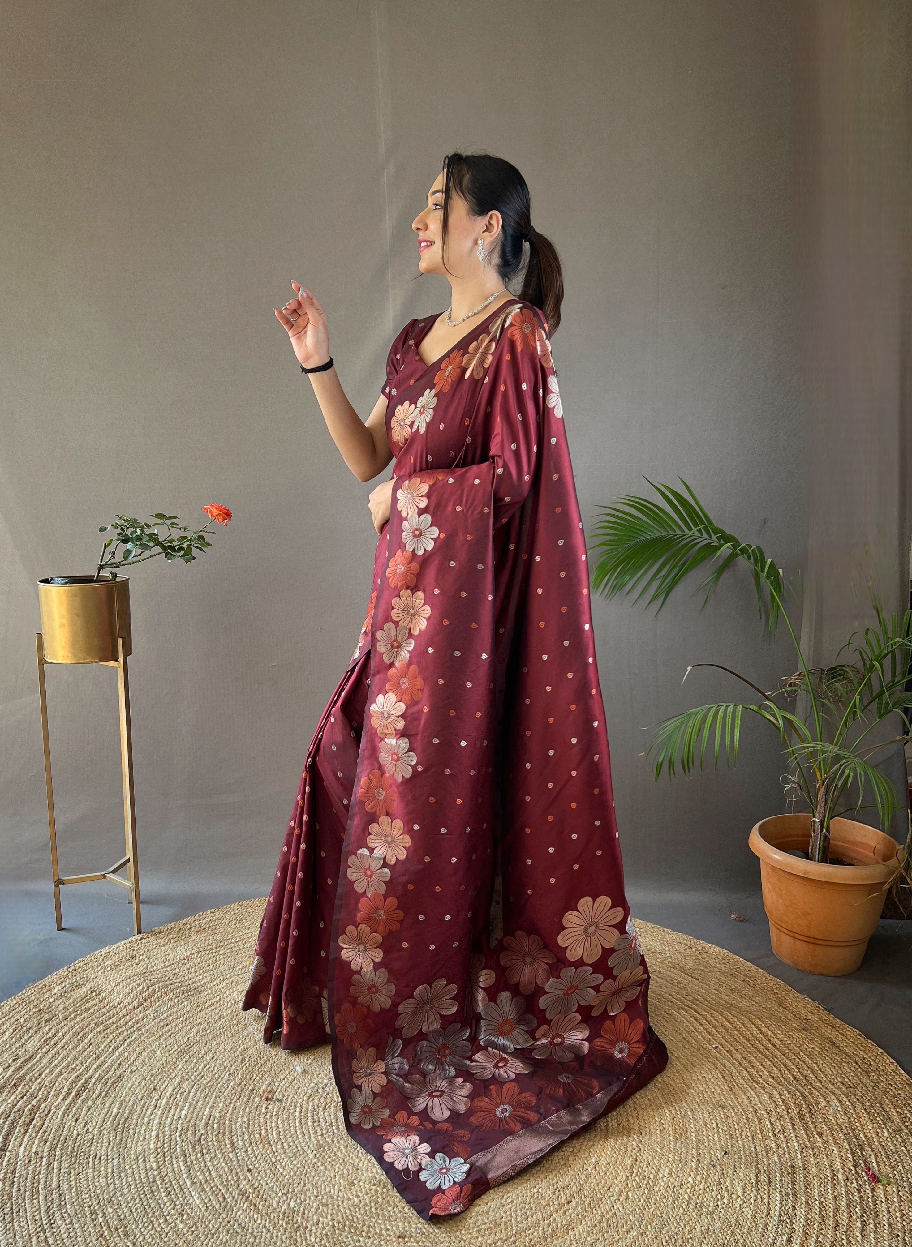 Maroon weaving flower panel Soft Banarasi Silk Saree