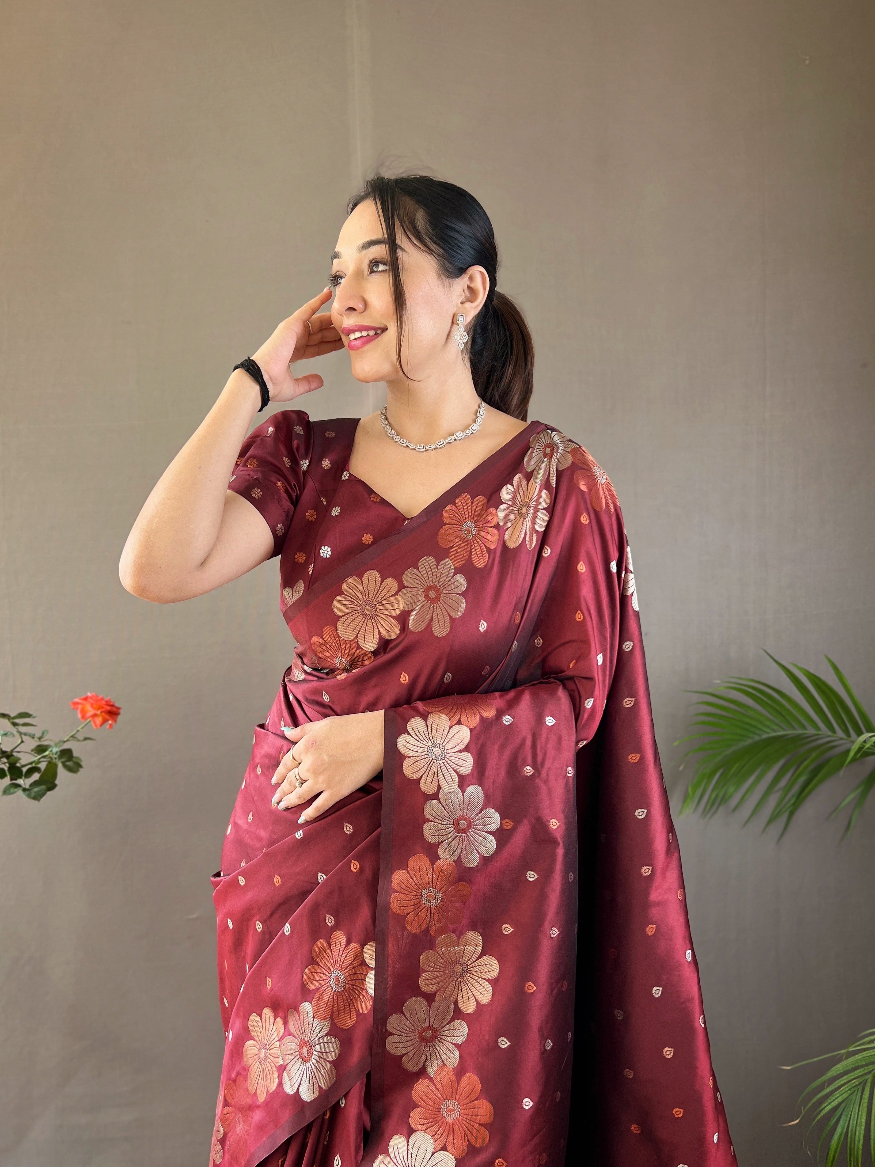 Maroon weaving flower panel Soft Banarasi Silk Saree
