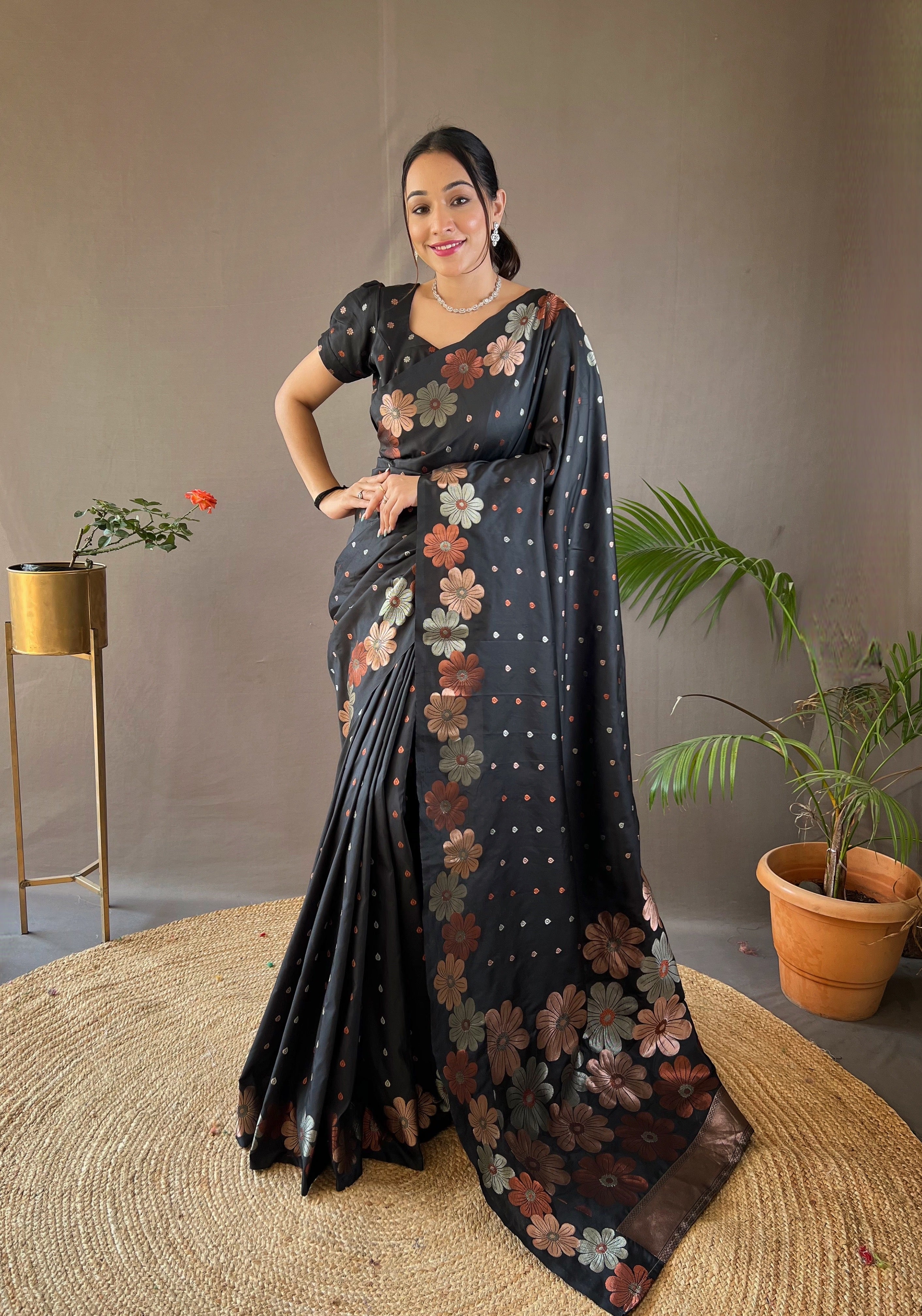 Black weaving flower panel Soft Banarasi Silk Saree
