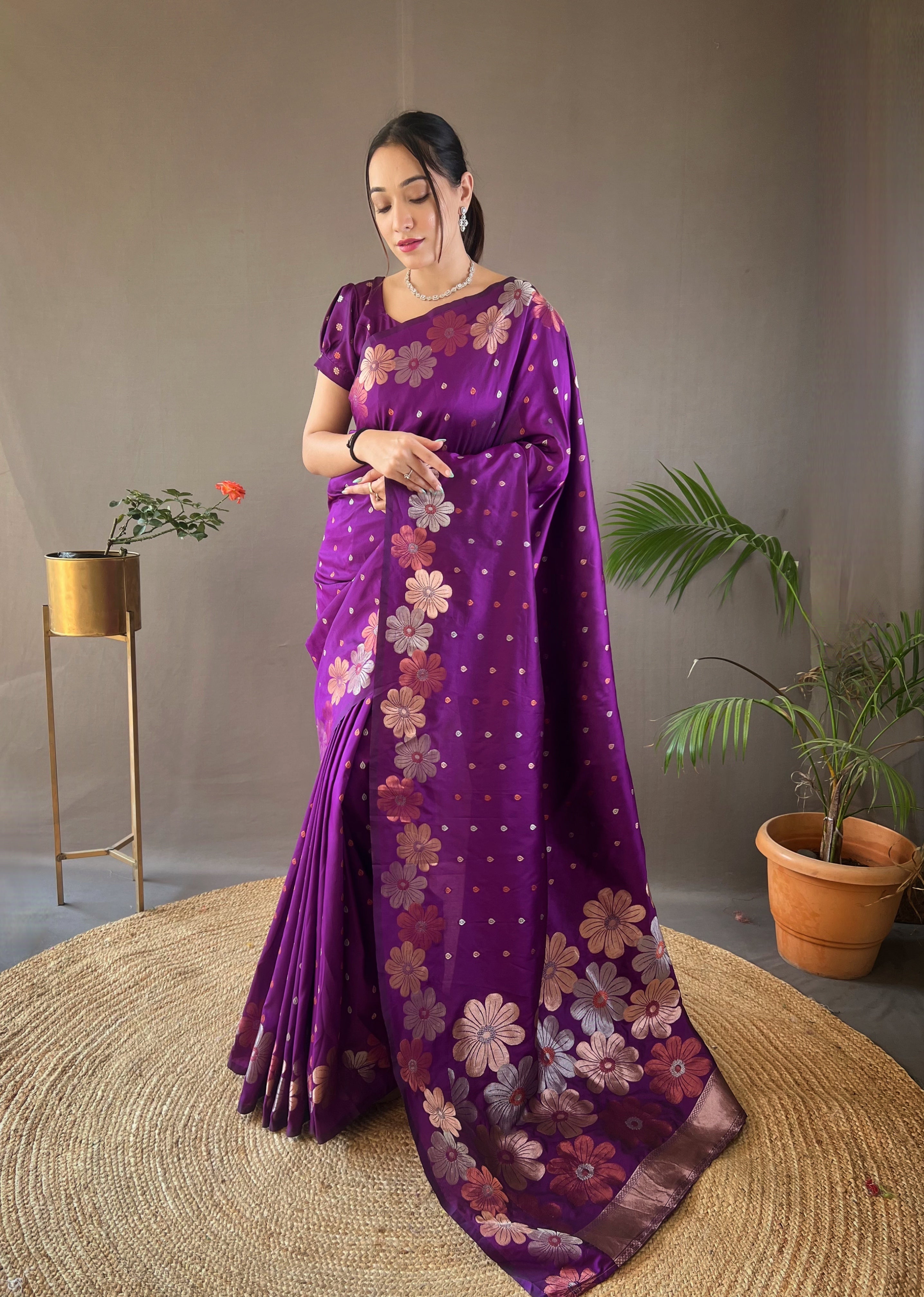 Purple weaving flower panel Soft Banarasi Silk Saree