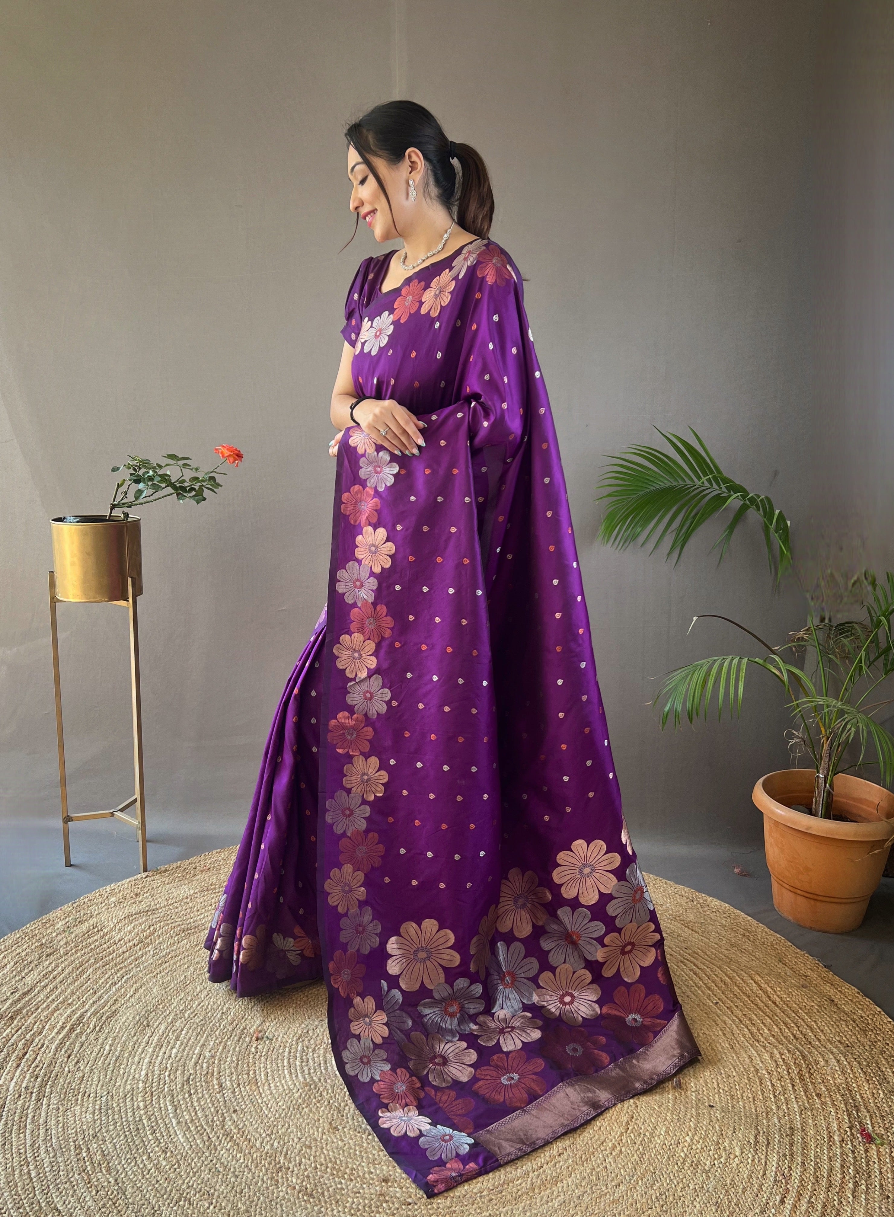 Purple weaving flower panel Soft Banarasi Silk Saree