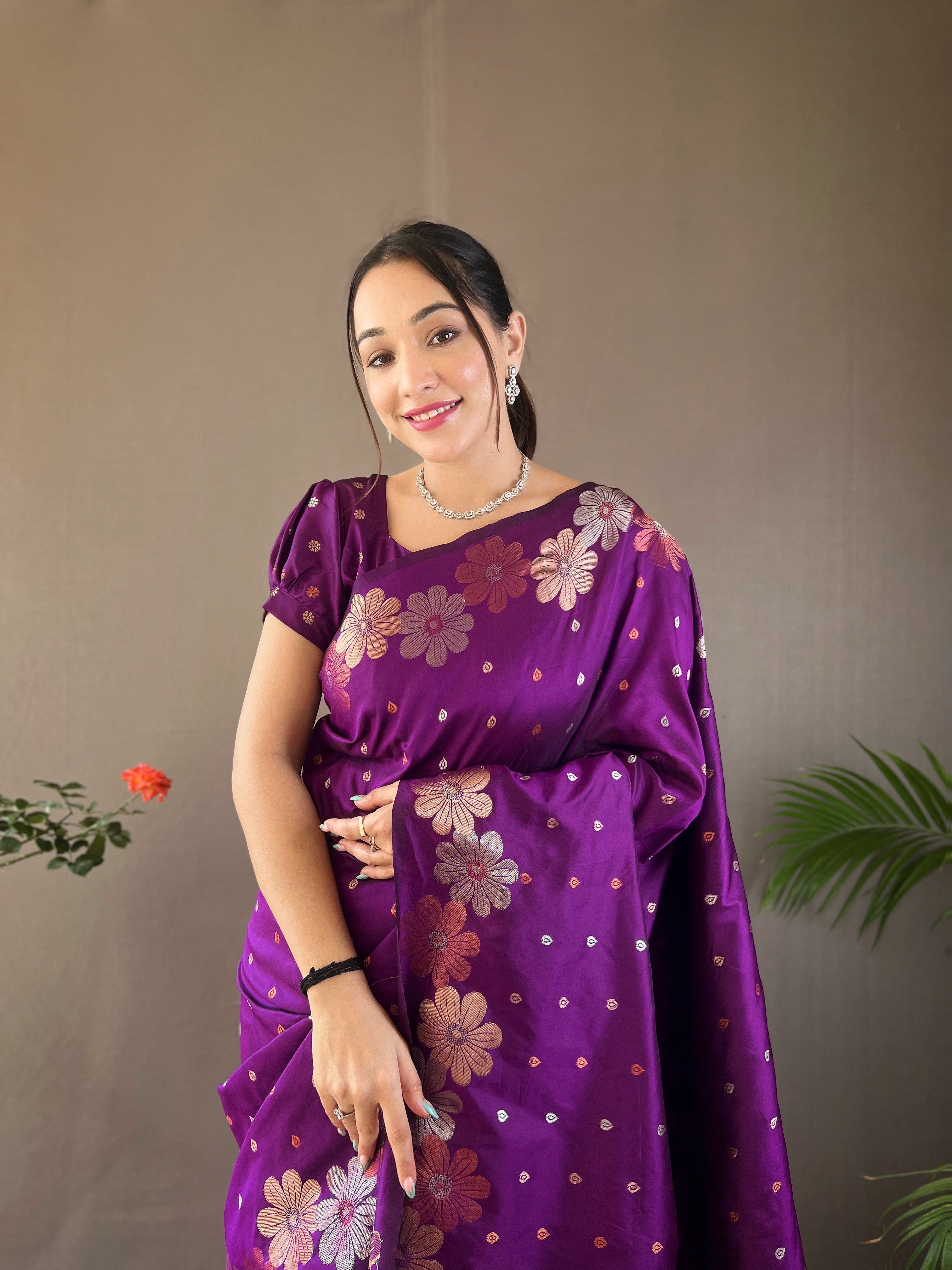 Purple weaving flower panel Soft Banarasi Silk Saree