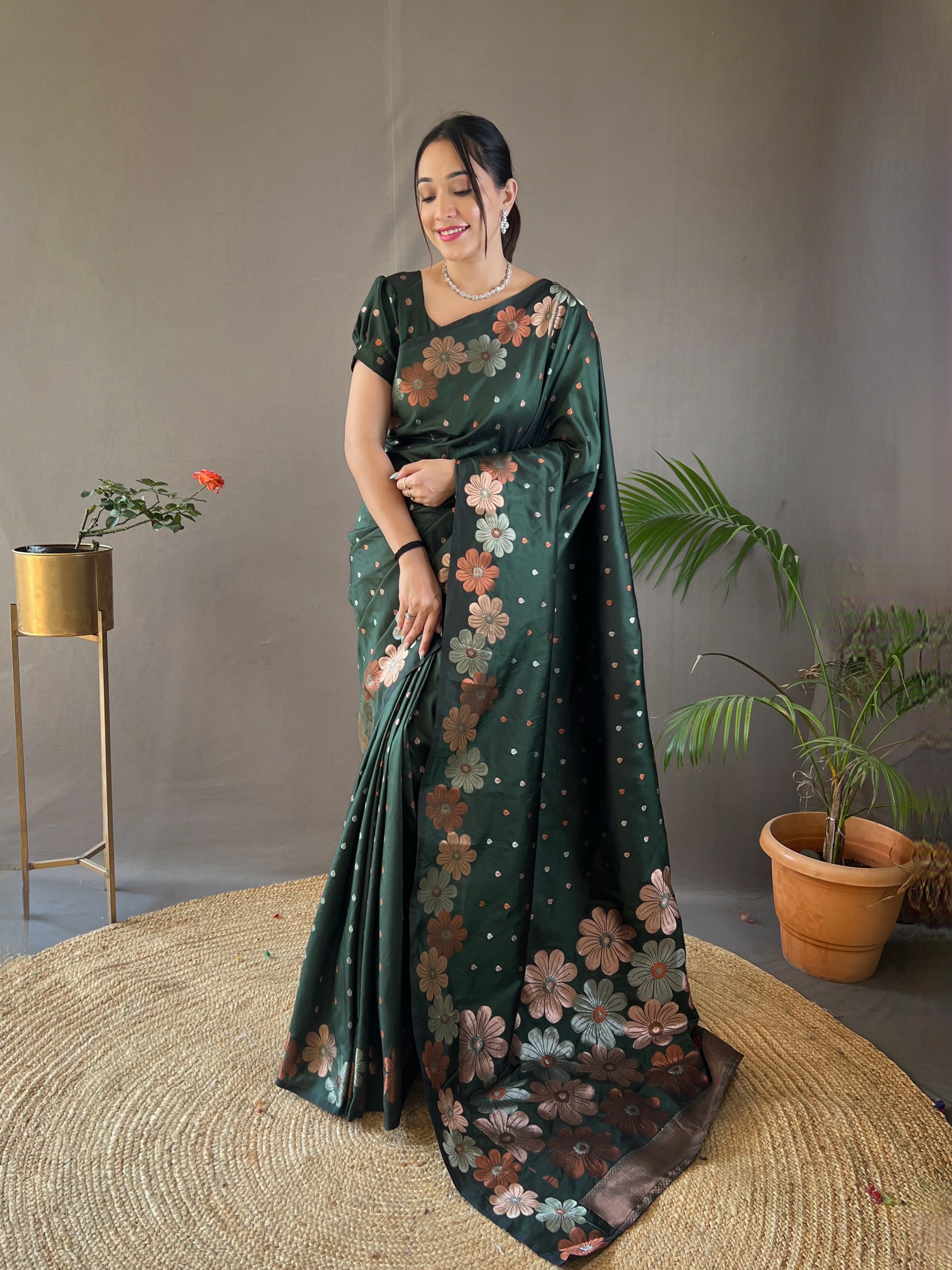 Dark Green weaving flower panel Soft Banarasi Silk Saree