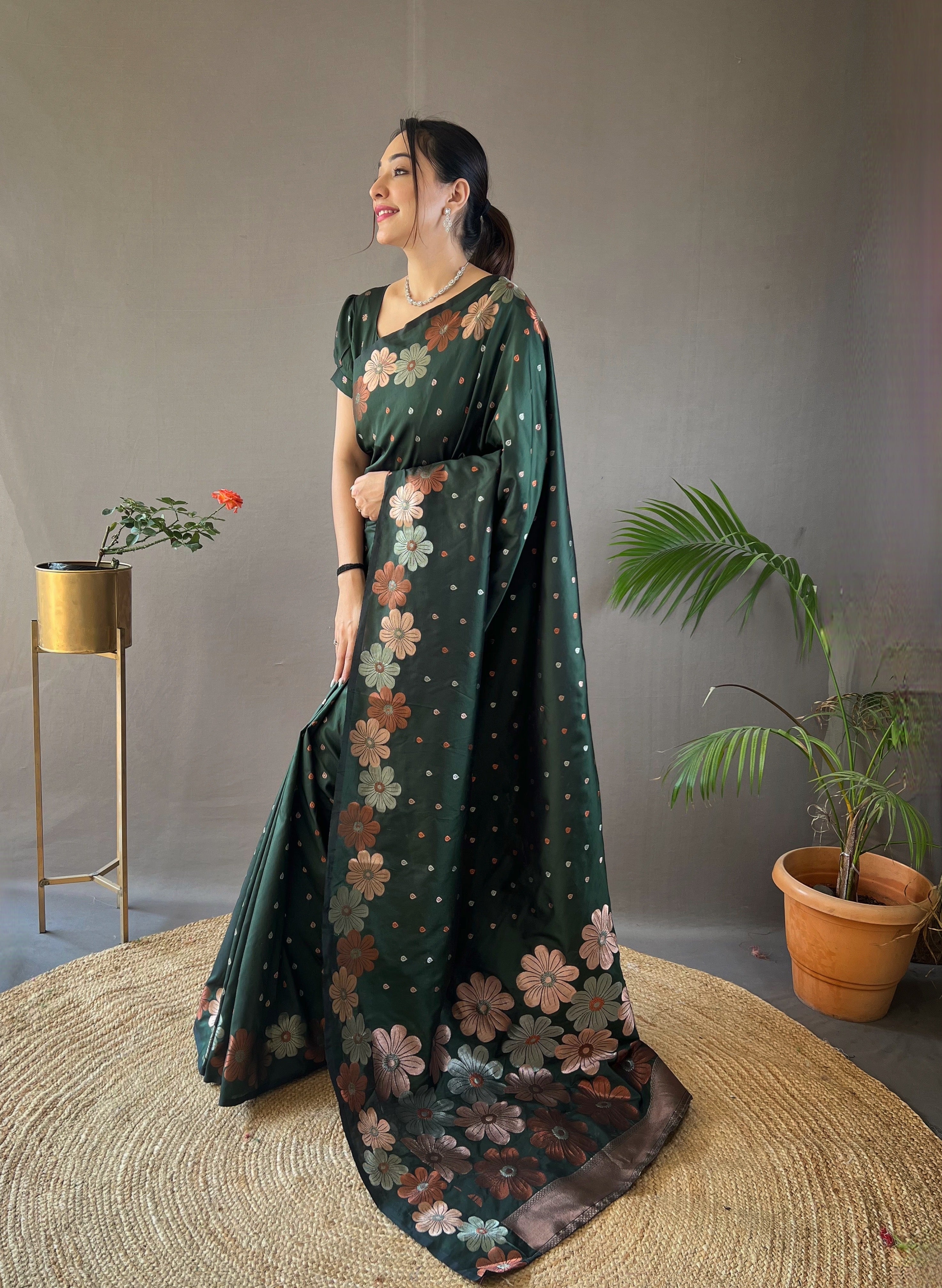 Dark Green weaving flower panel Soft Banarasi Silk Saree