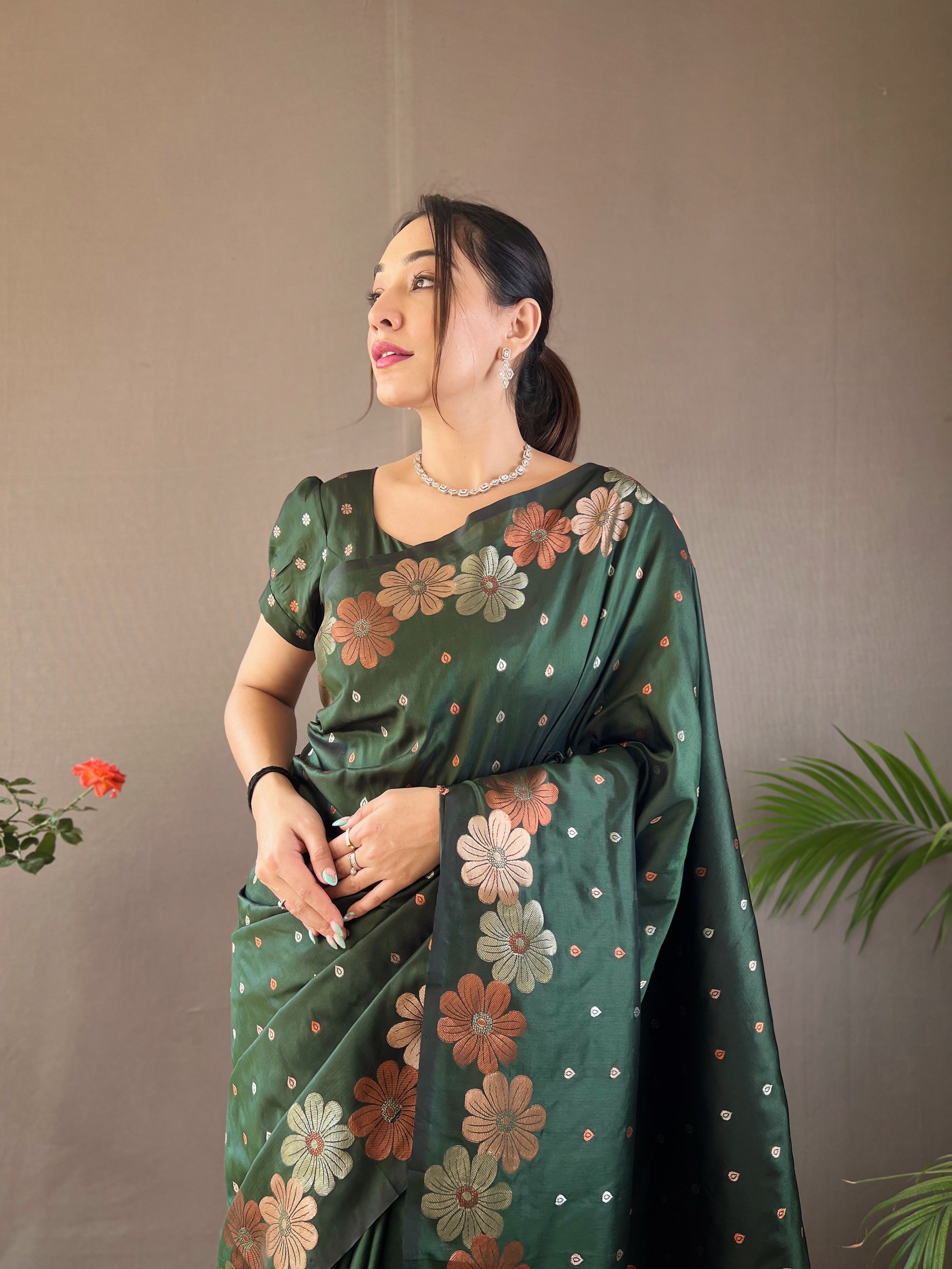 Dark Green weaving flower panel Soft Banarasi Silk Saree