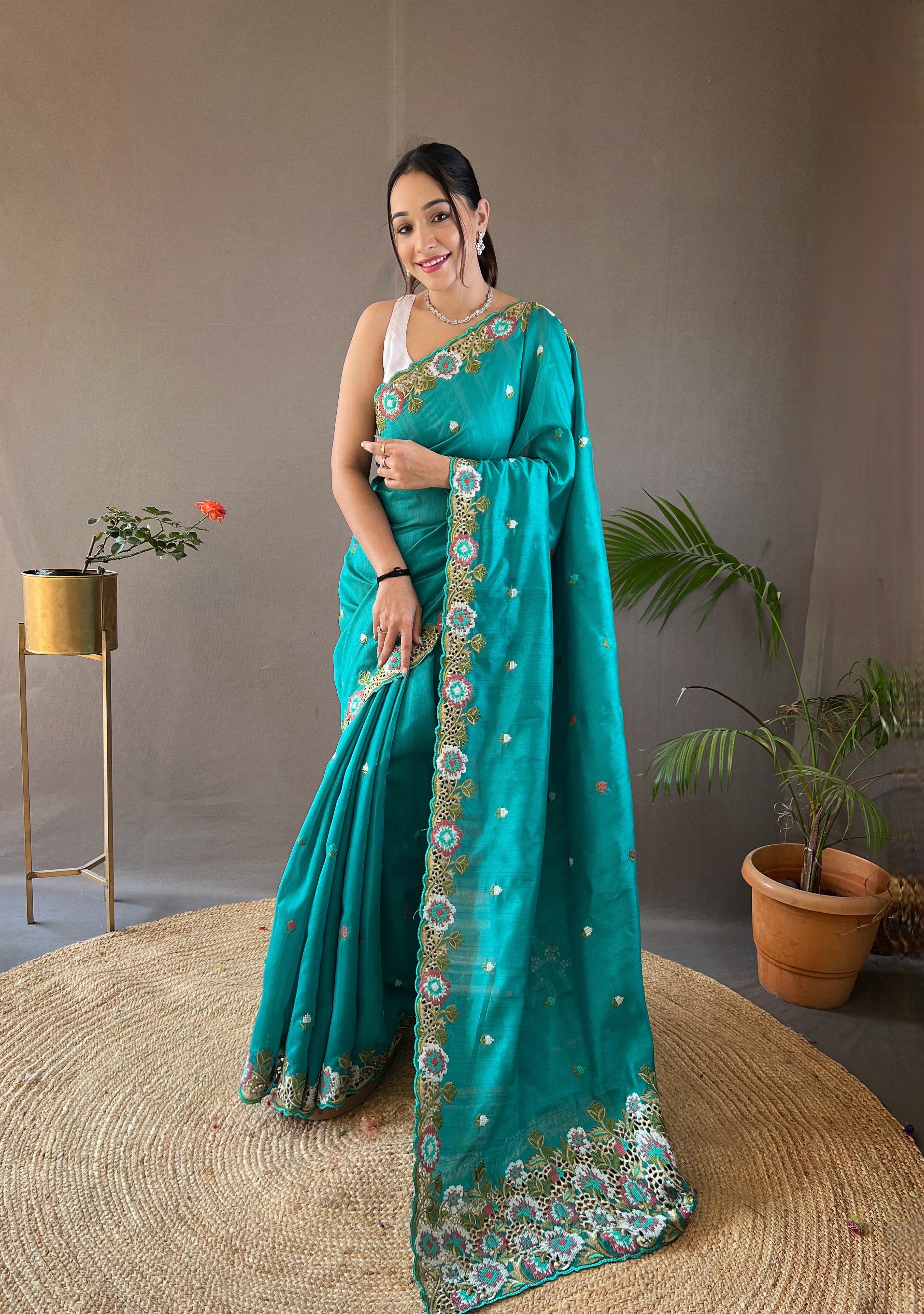 Coastal Sky Tussar Silk Embroidered Work Saree