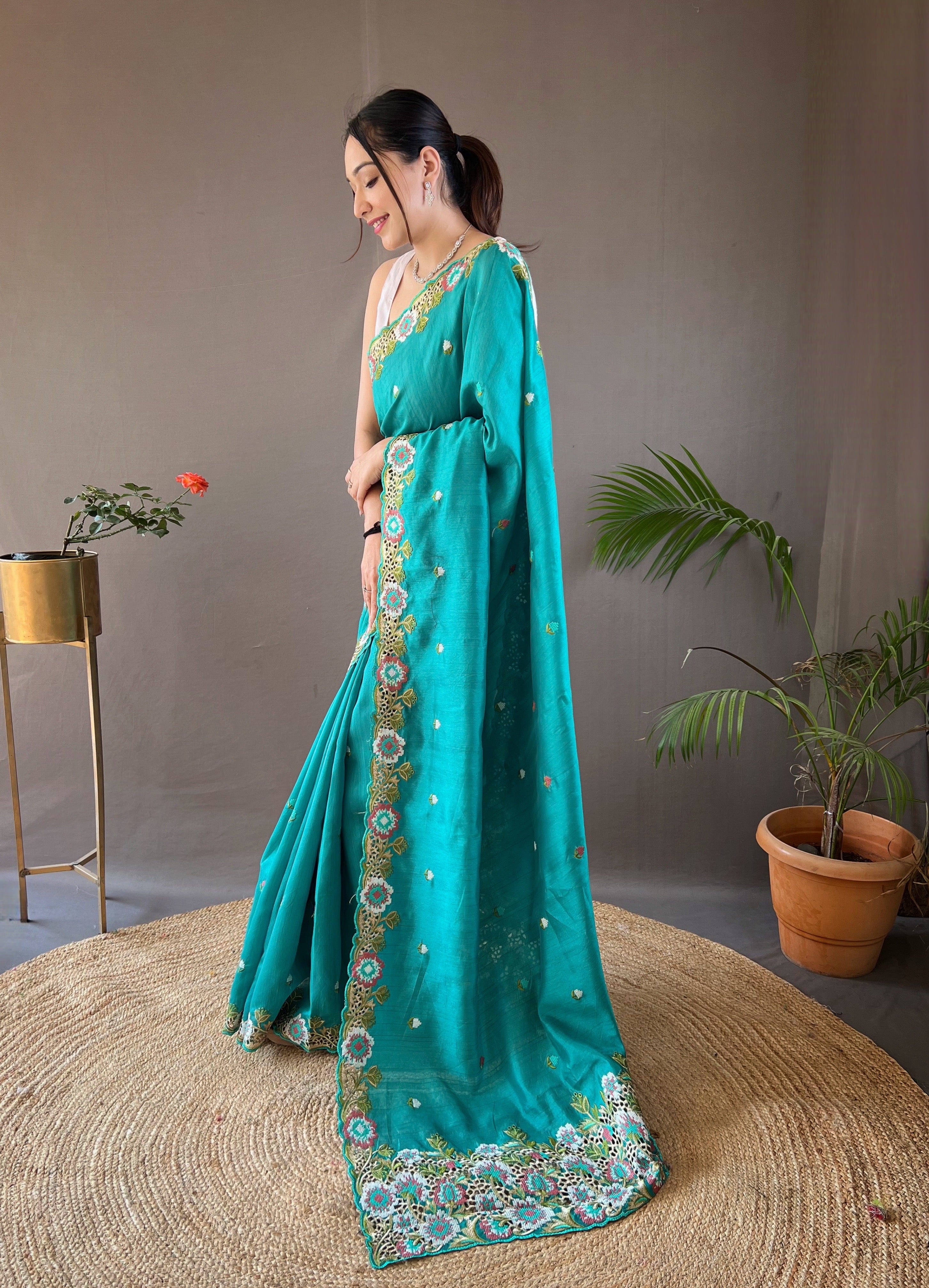 Coastal Sky Tussar Silk Embroidered Work Saree