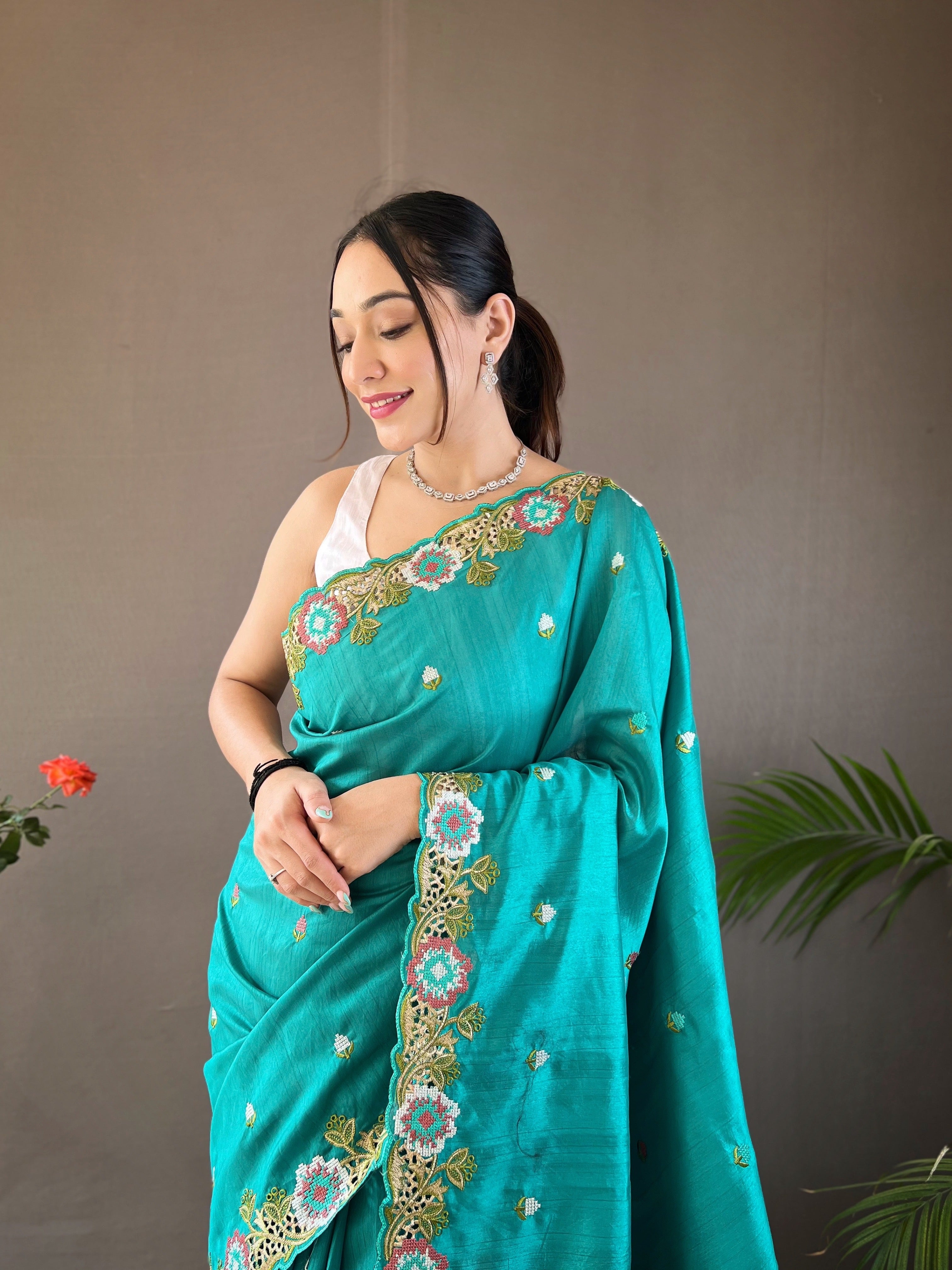Coastal Sky Tussar Silk Embroidered Work Saree