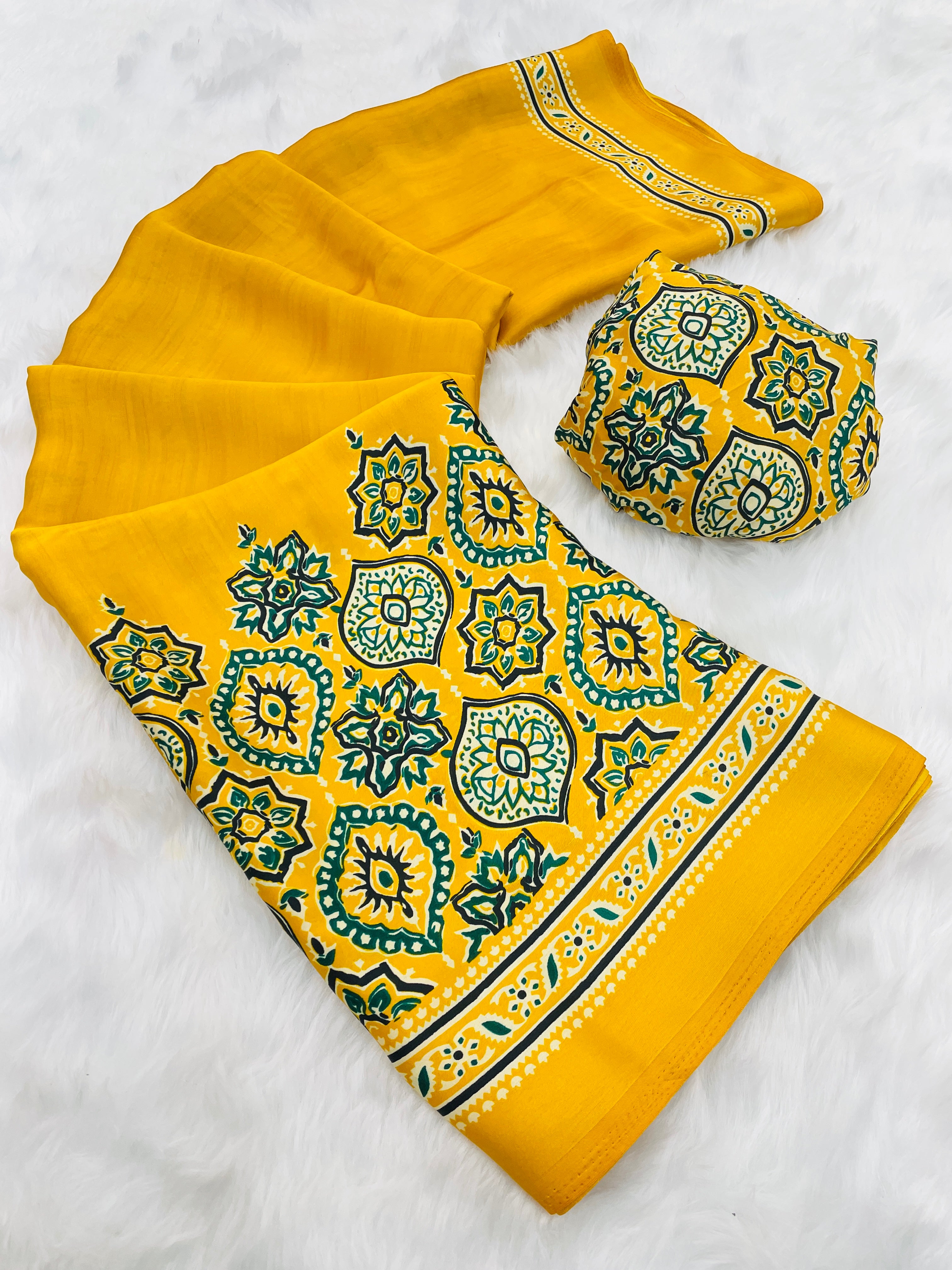 Saheli Yellow Modal Silk Ajrakh Natural Print saree
